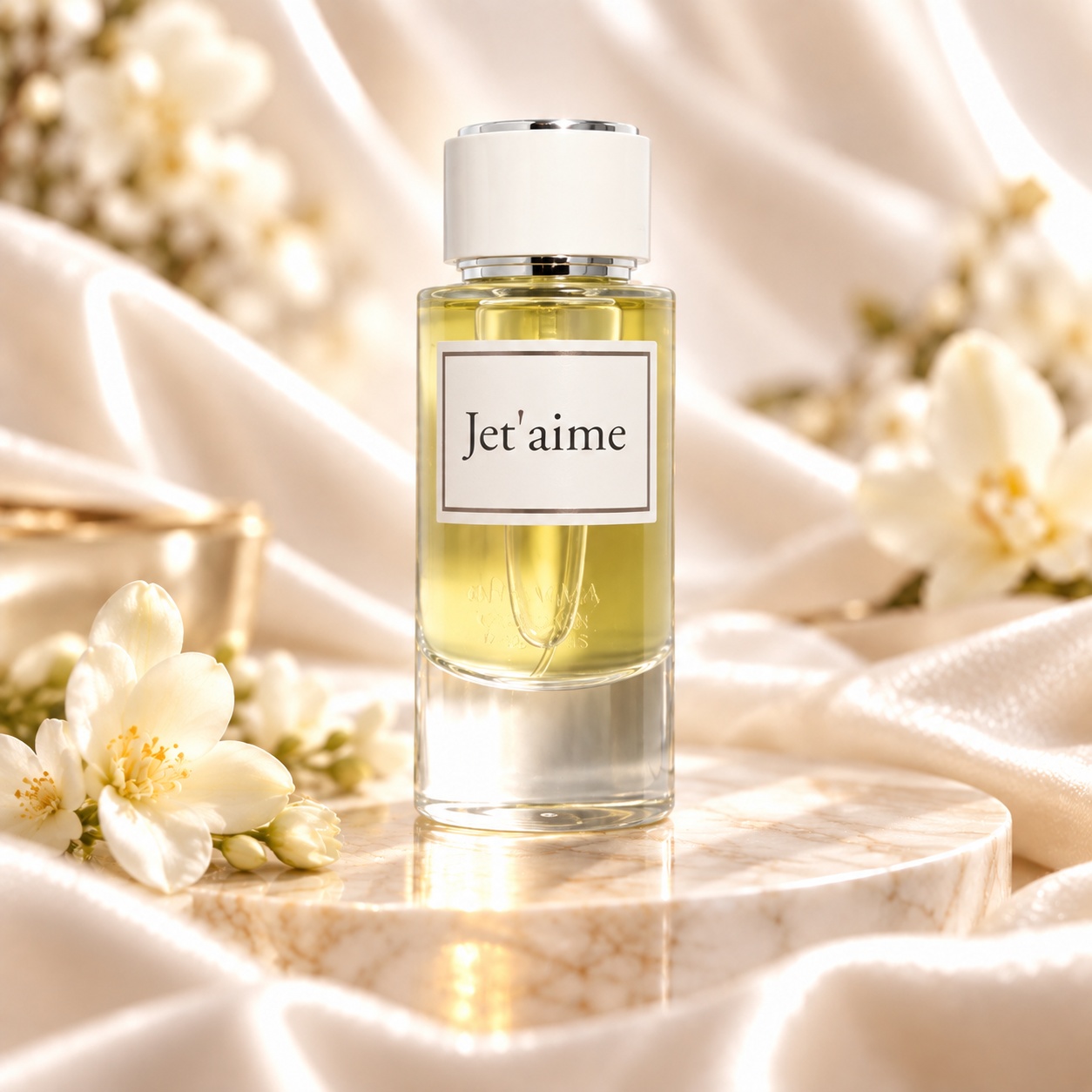 Flacon Jet'aime AMD Perfumes 85 ml parfum floral de damă pe fundal elegant auriu