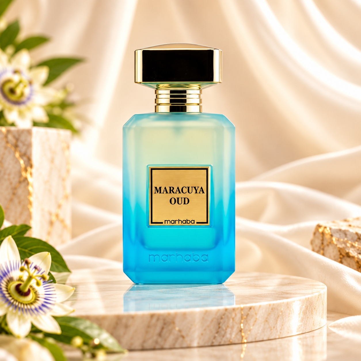 Flacon Maracuya Oud Marhaba parfum unisex 100 ml cu degrade turcoaz si capac auriu