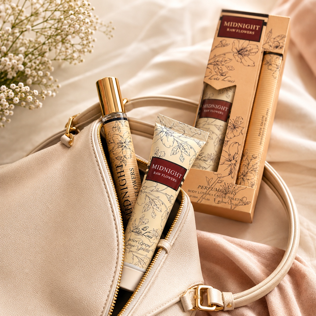 Midnight Raw Flowers 2x35 ml set practic pentru geantă, parfum și body lotion