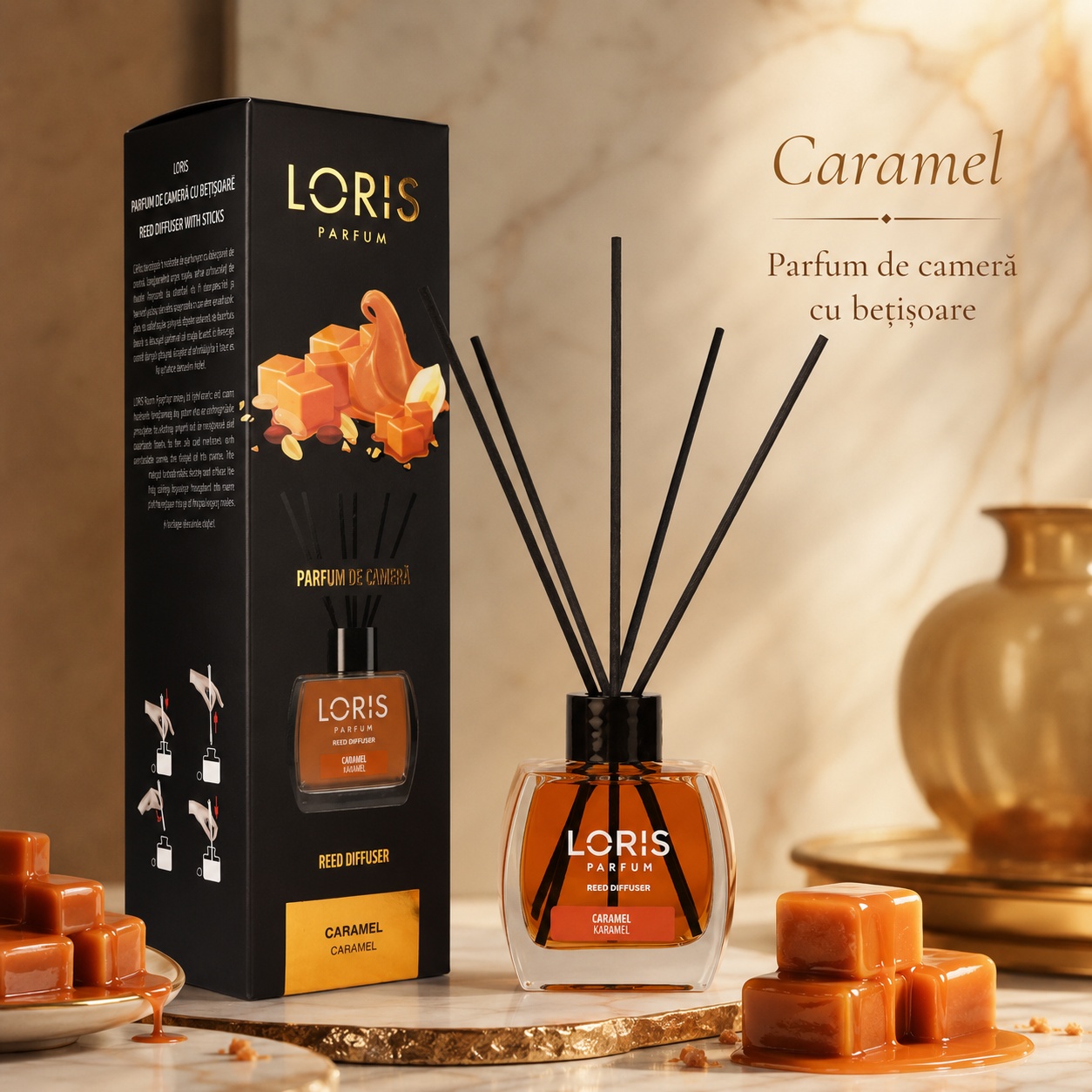 Loris Caramel parfum de cameră cu bețișoare aromă caldă și persistentă
