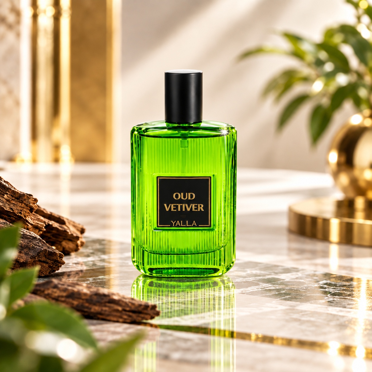 Flacon Oud Vetiver Yalla parfum bărbătesc 50 ml în decor elegant auriu și verde