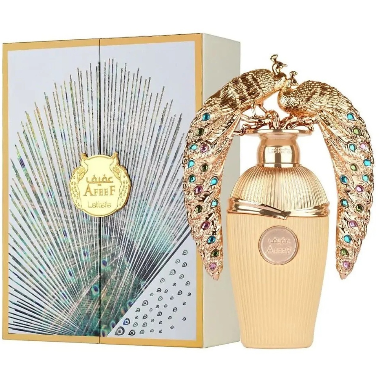 Parfum Lattafa Afeef 100 ml apă de parfum unisex cu flacon original auriu și cutie premium decorată cu pene de păun