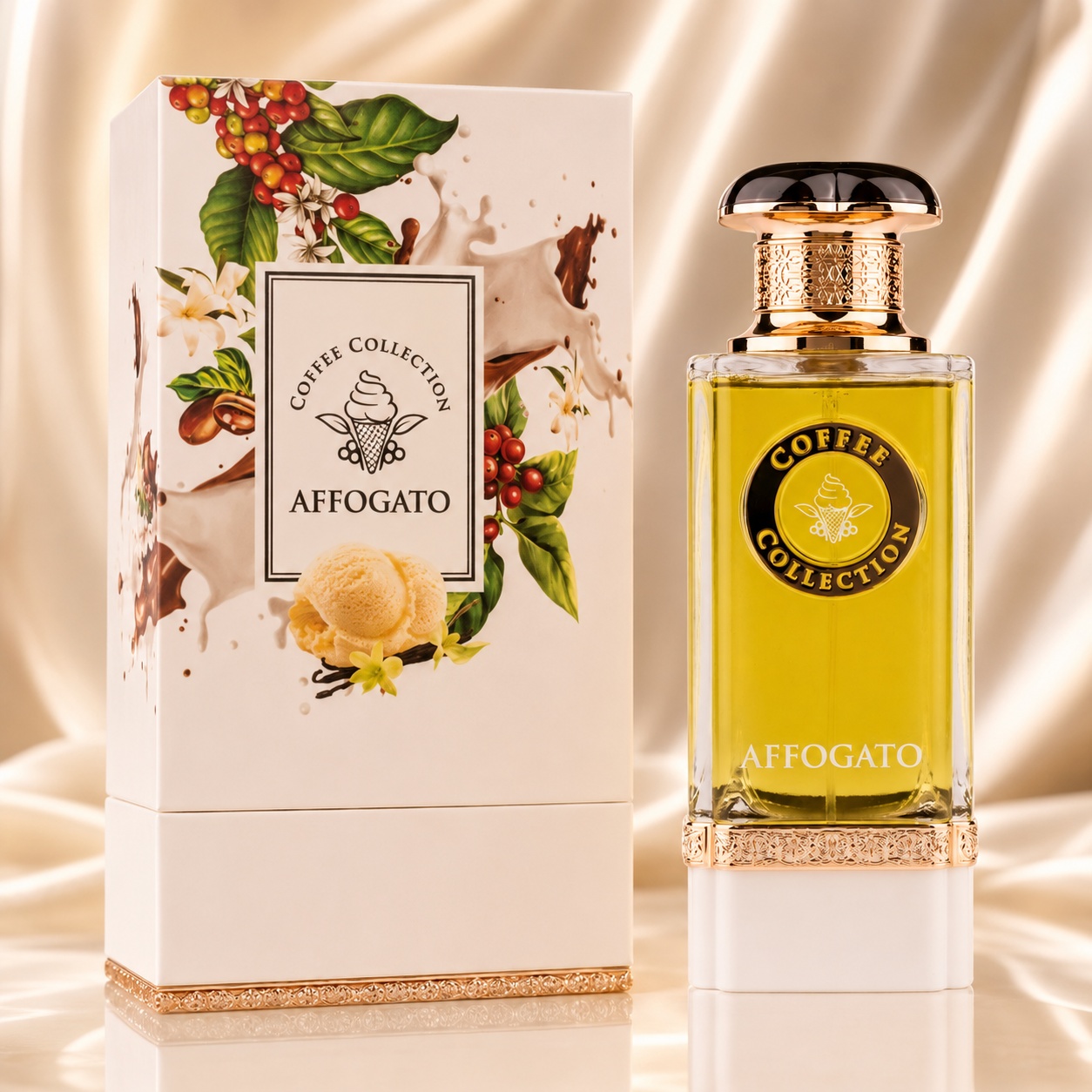 Parfum Arăbesc Affogato Eau de Parfum 100 ml unisex cu flacon elegant, lichid auriu, capac negru auriu și cutie premium cu boabe de cafea, vanilie și &icirc;nghețată