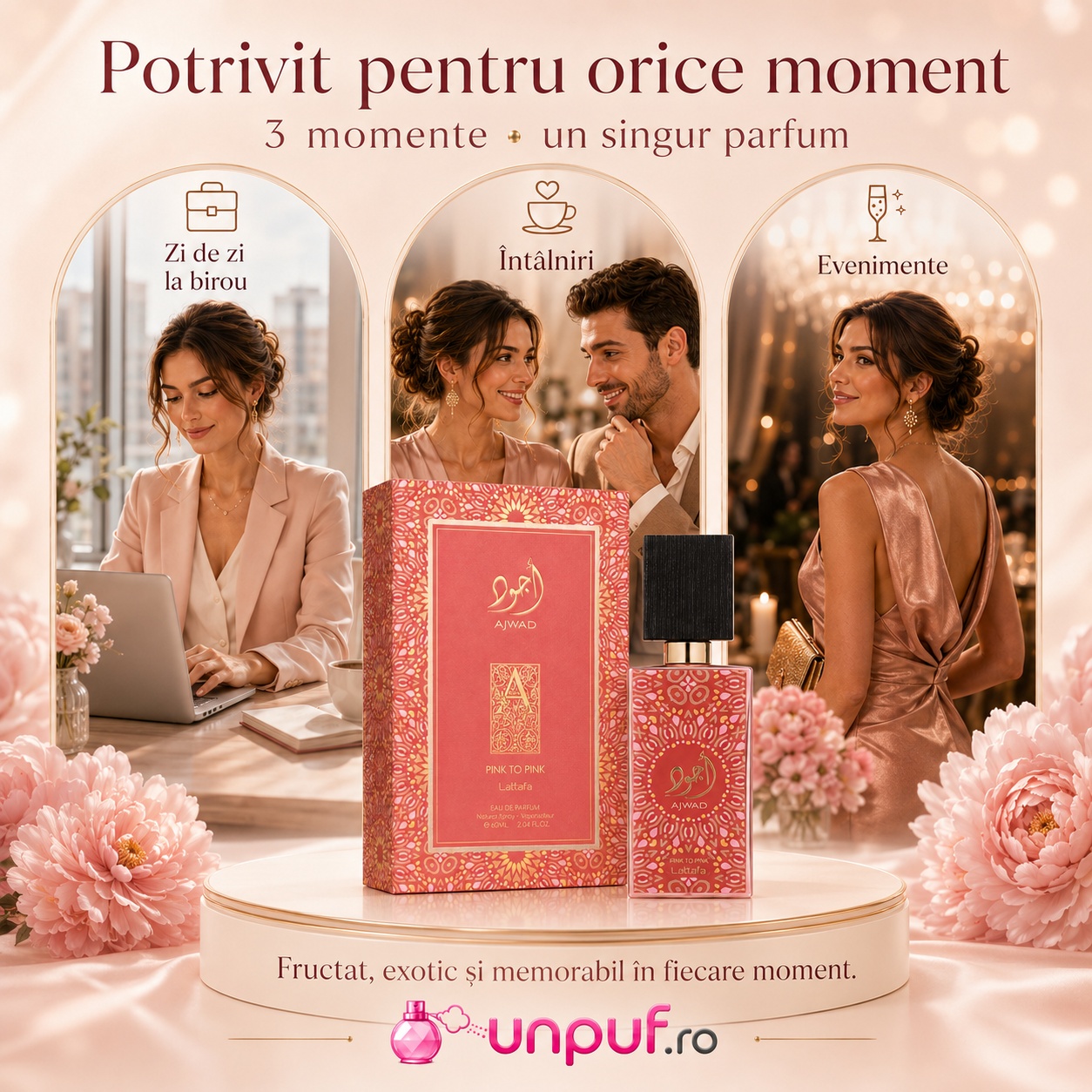 Ajwad Pink To Pink Lattafa parfum potrivit pentru zi de zi la birou, &icirc;nt&acirc;lniri și evenimente, fructat exotic și memorabil