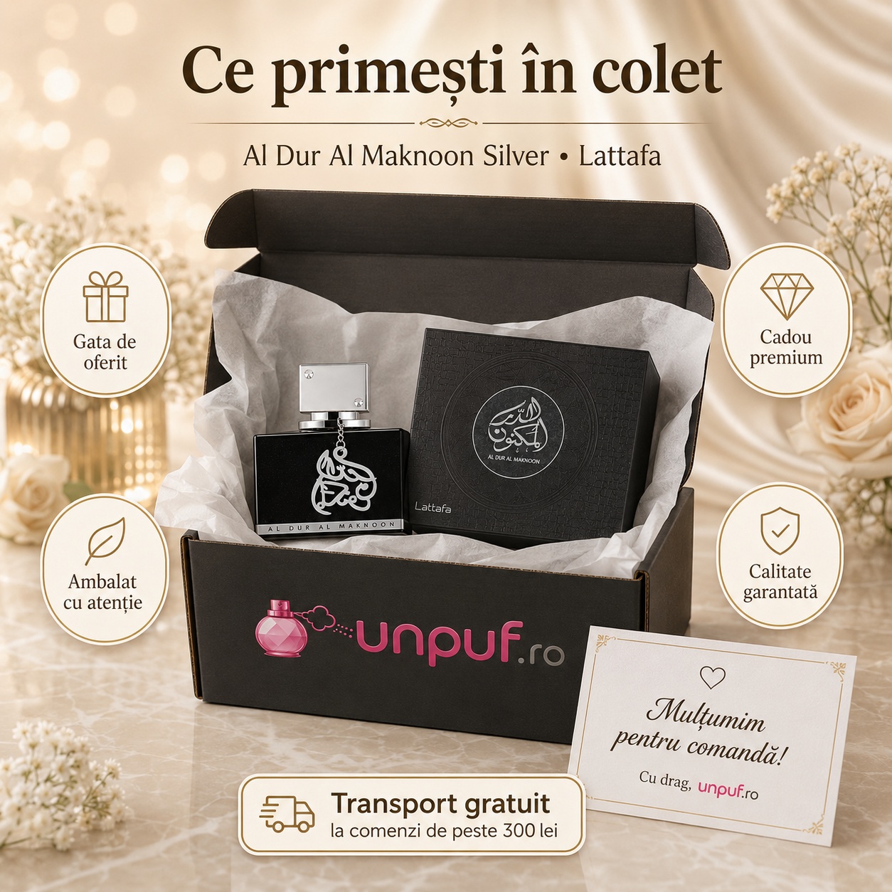 Ce primești &icirc;n colet Al Dur Al Maknoon Silver Lattafa 100 ml parfum bărbat ambalat cu atenție cadou premium