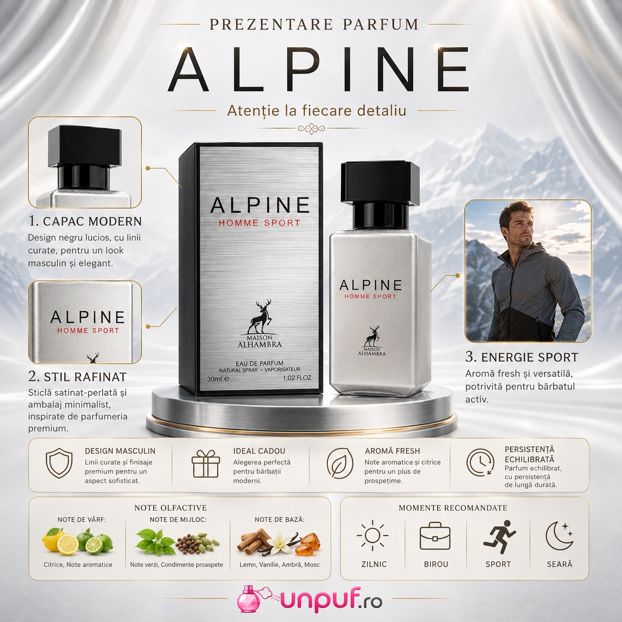 Prezentare parfum Alhambra Alpine Homme Sport cu capac modern, sticlă argintie, ambalaj premium, note olfactive și momente recomandate