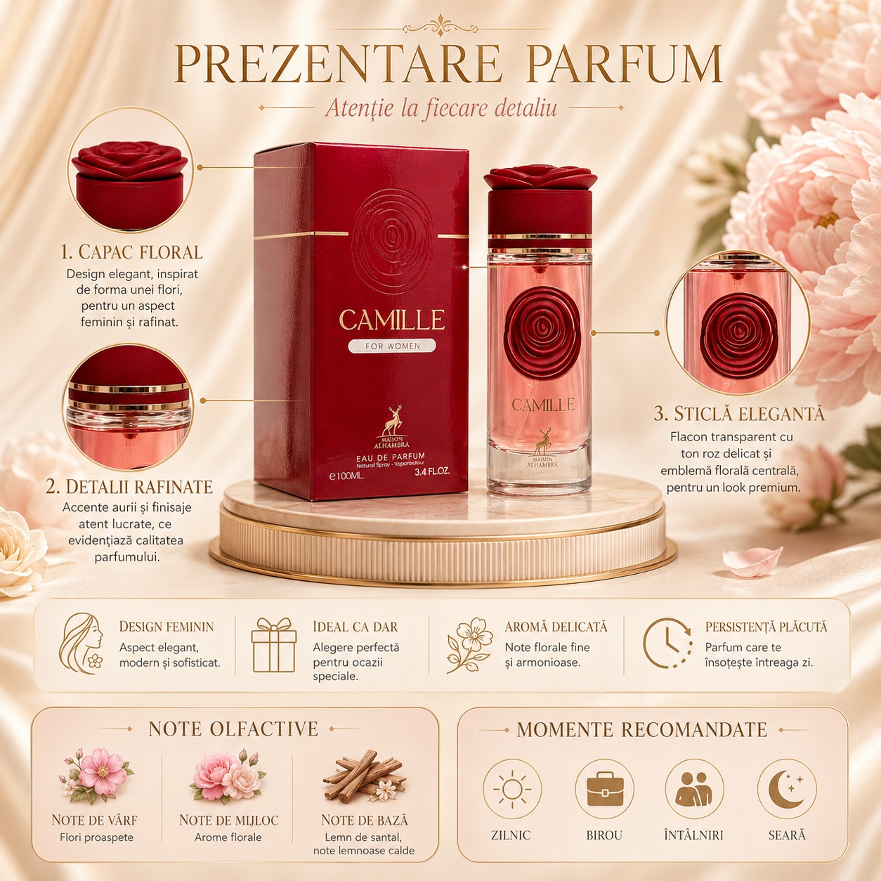 Prezentare parfum Alhambra Camille cu capac floral, detalii aurii, sticlă elegantă, note olfactive și momente recomandate