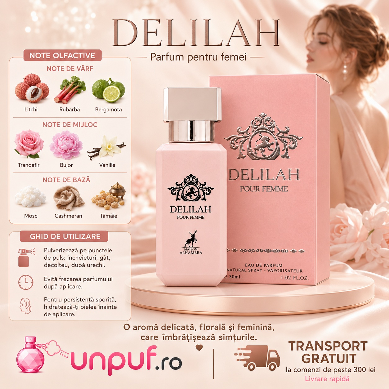 Note olfactive Delilah Pour Femme cu litchi, rubarbă, bergamotă, trandafir, bujor, vanilie, mosc, cashmeran și tămâie