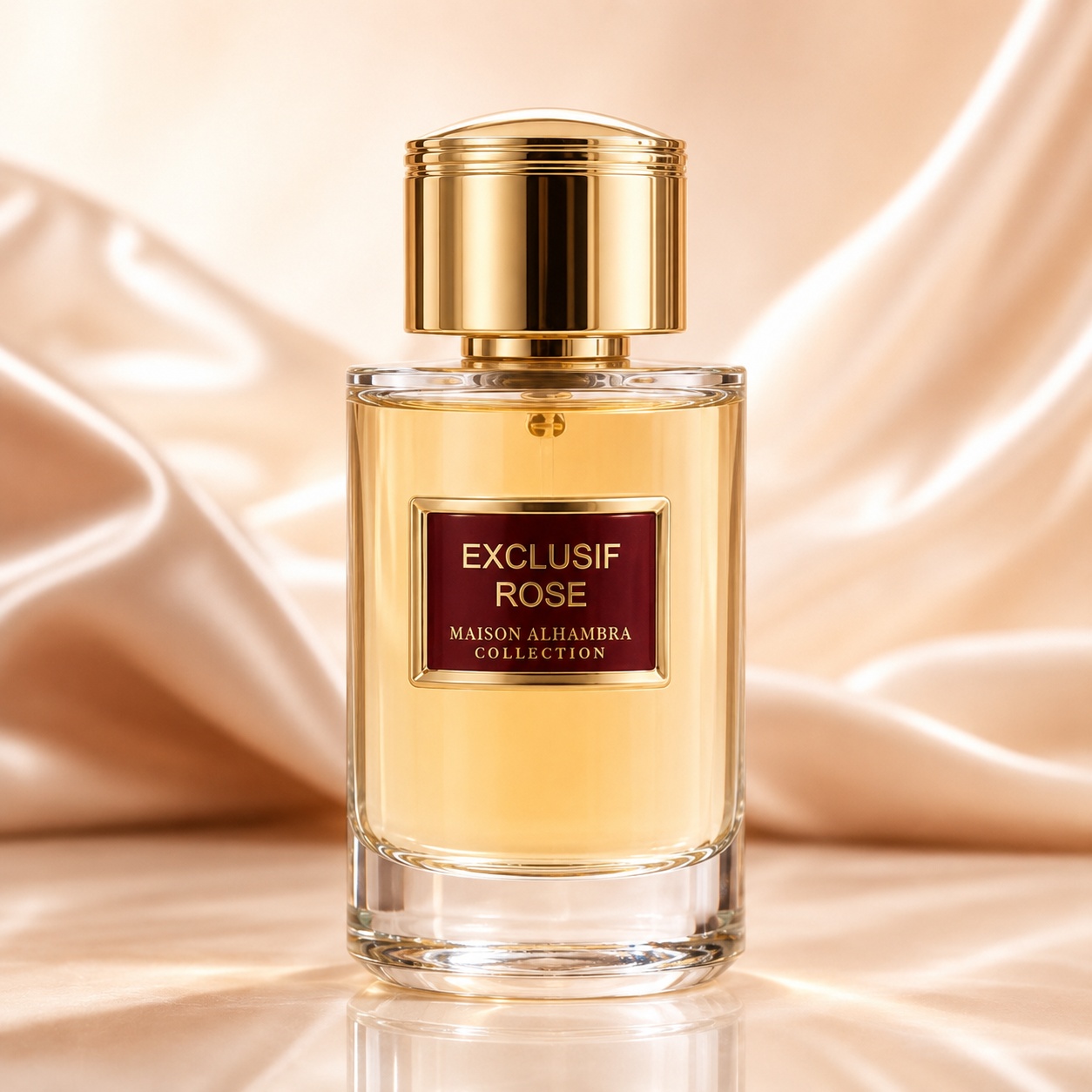 Sticlă parfum Alhambra Exclusif Rose Maison Alhambra 100 ml pe fundal premium luminos