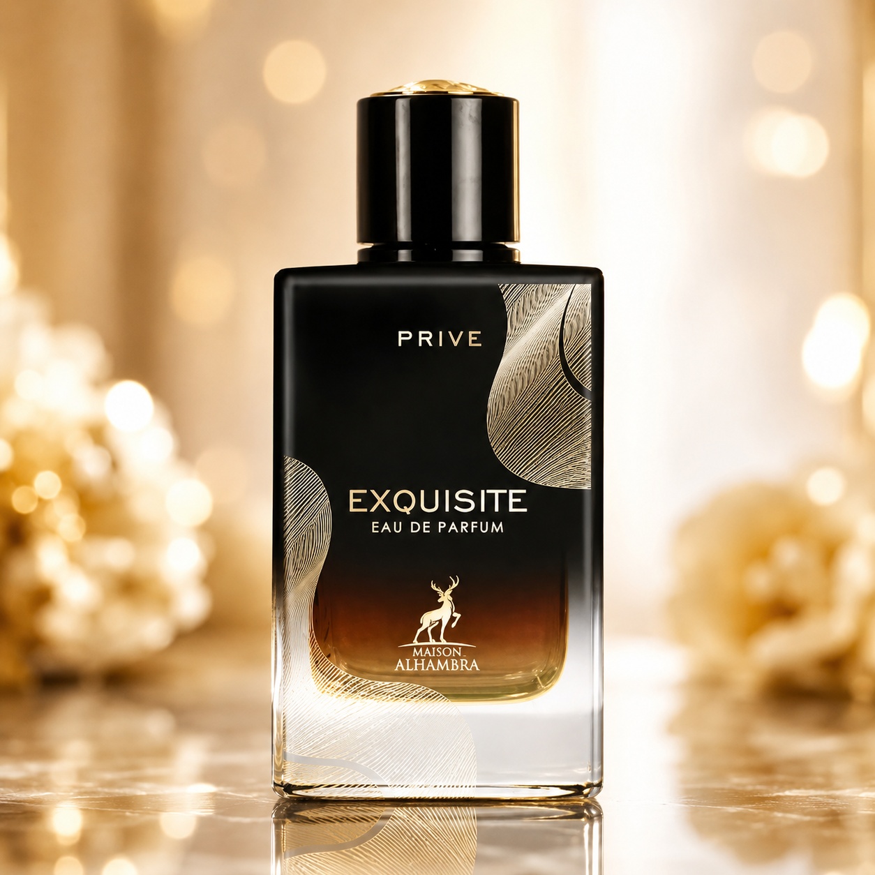 Sticlă parfum Alhambra Exquisite Prive Maison Alhambra 100 ml pe fundal premium auriu