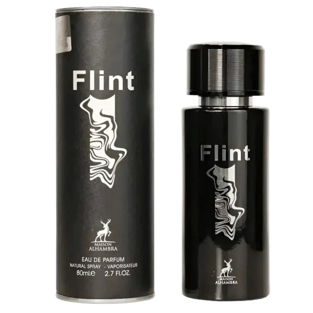 Parfum Alhambra Flint Maison Alhambra 80 ml sticlă și cutie pe fundal alb