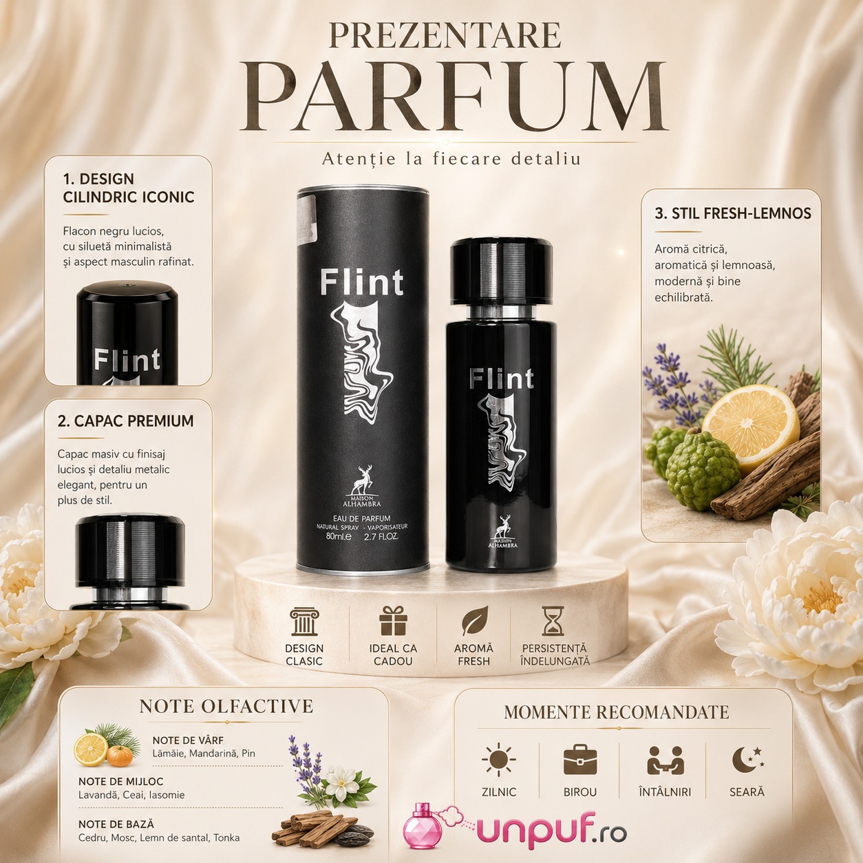 Prezentare parfum Alhambra Flint Maison Alhambra 80 ml cu beneficii și note olfactive