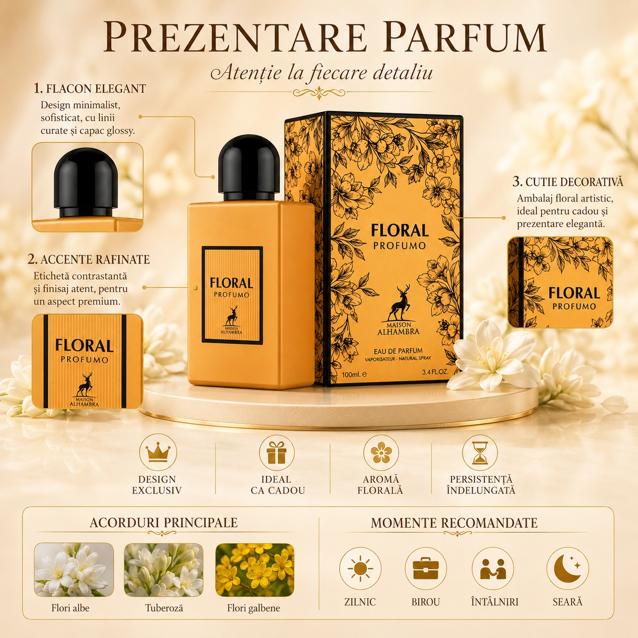 Alhambra Floral Profumo note olfactive floral fructate cu bergamotă pară flori albe iasomie trandafir mosc și vanilie