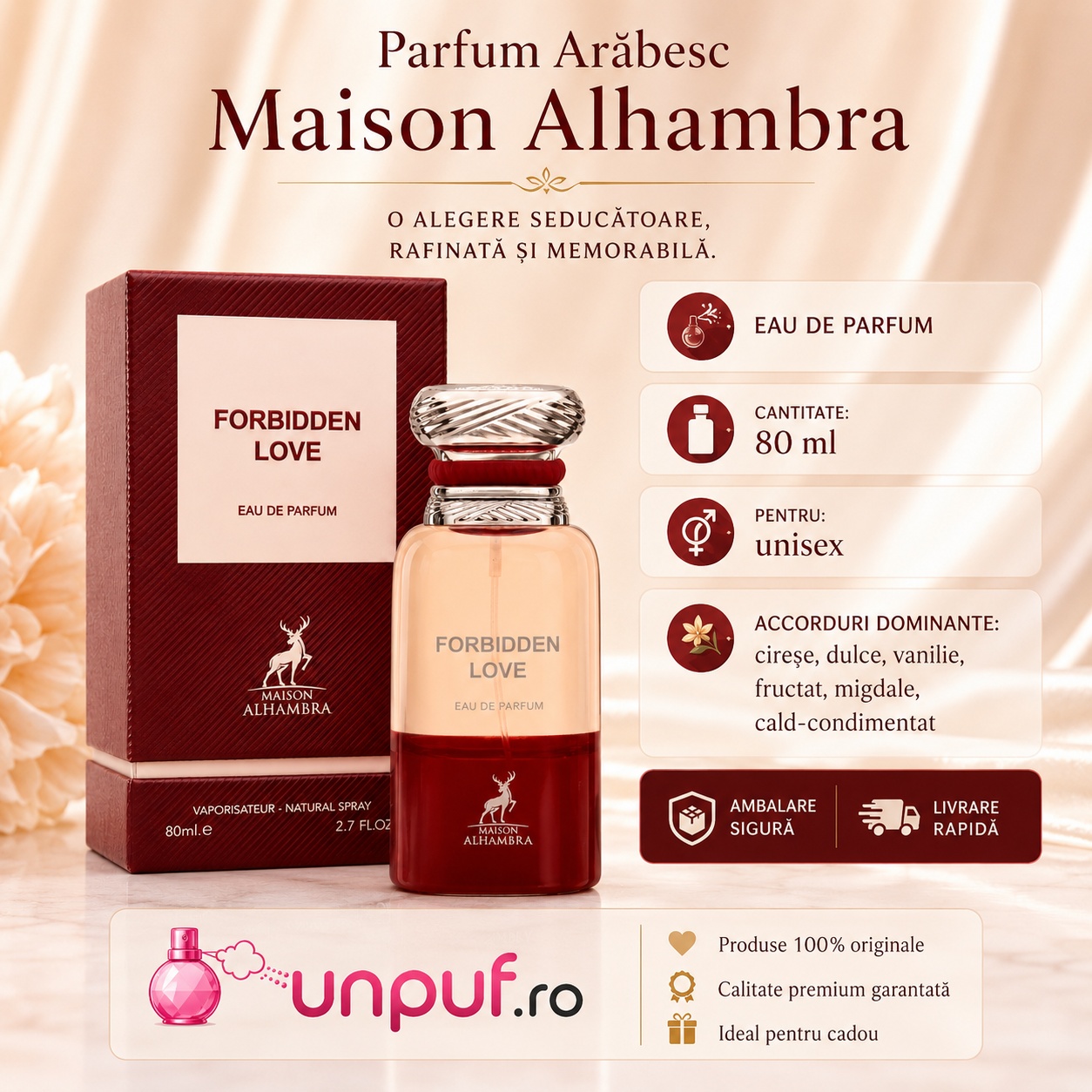 Prezentare parfum Alhambra Forbidden Love Maison Alhambra 80 ml cu beneficii și detalii premium