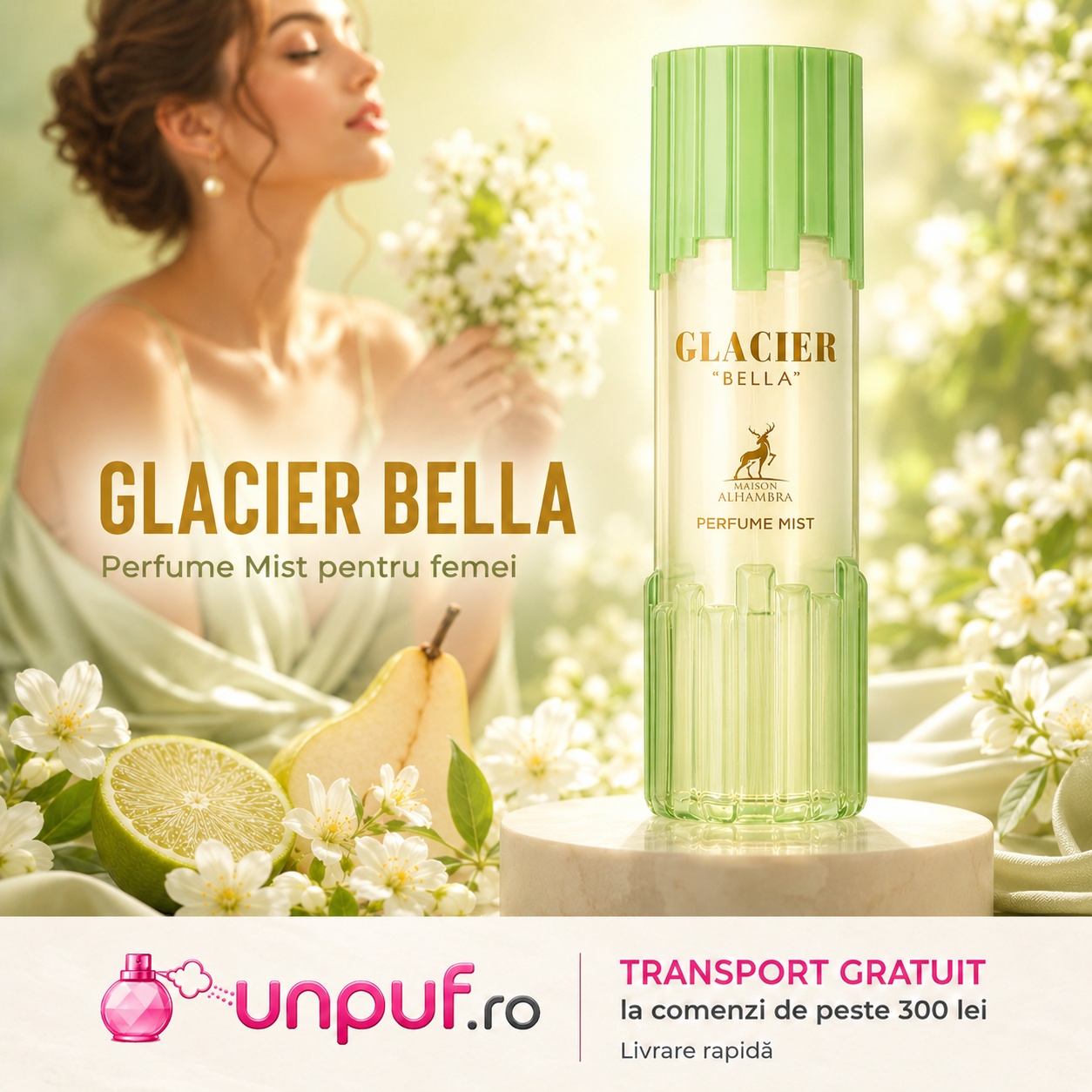 Alhambra Glacier Bella Body Mist 250ml, parfum pentru femei cu aromă proaspătă, luminoasă și florală