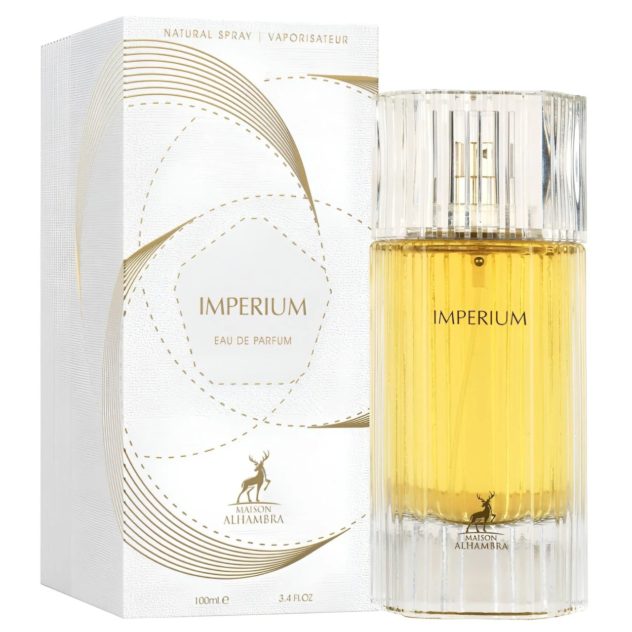 Parfum Alhambra Imperium Maison Alhambra 100 ml sticlă și cutie pe fundal alb