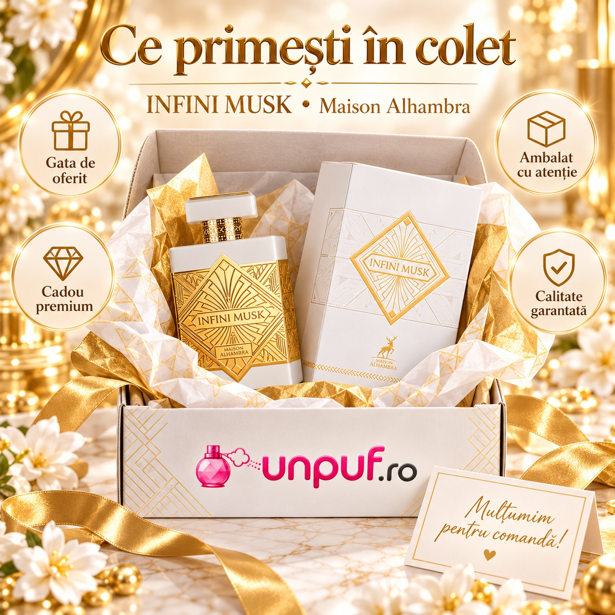 Ce primești în colet Alhambra Infini Musk Eau de Parfum 100 ml ambalat premium pentru cadou