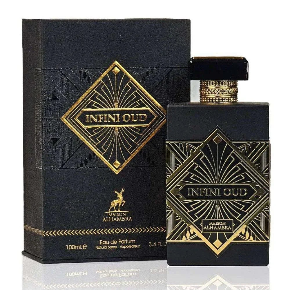 Parfum Alhambra Infini Oud Maison Alhambra 100 ml sticlă și cutie pe fundal alb