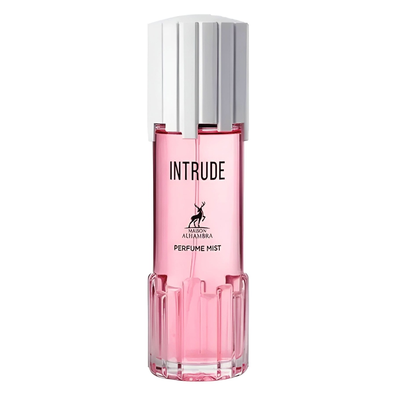 Alhambra Intrude Body Mist 250ml, flacon roz pe fundal alb, spray parfumat de damă