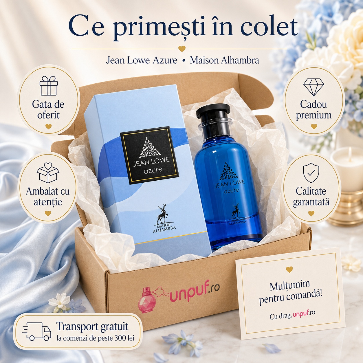 Ce primești &icirc;n colet Parfum Alhambra Jean Lowe Azure Maison Alhambra 100 ml ambalat cu atenție