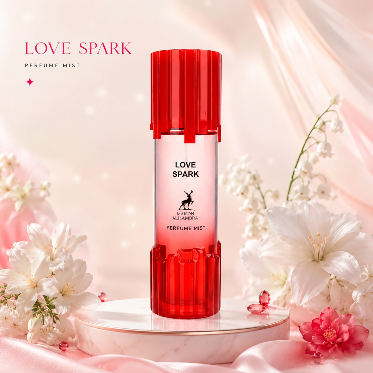 Alhambra Love Spark Body Mist 250ml, spray parfumat de damă roșu, cu flori albe și decor romantic