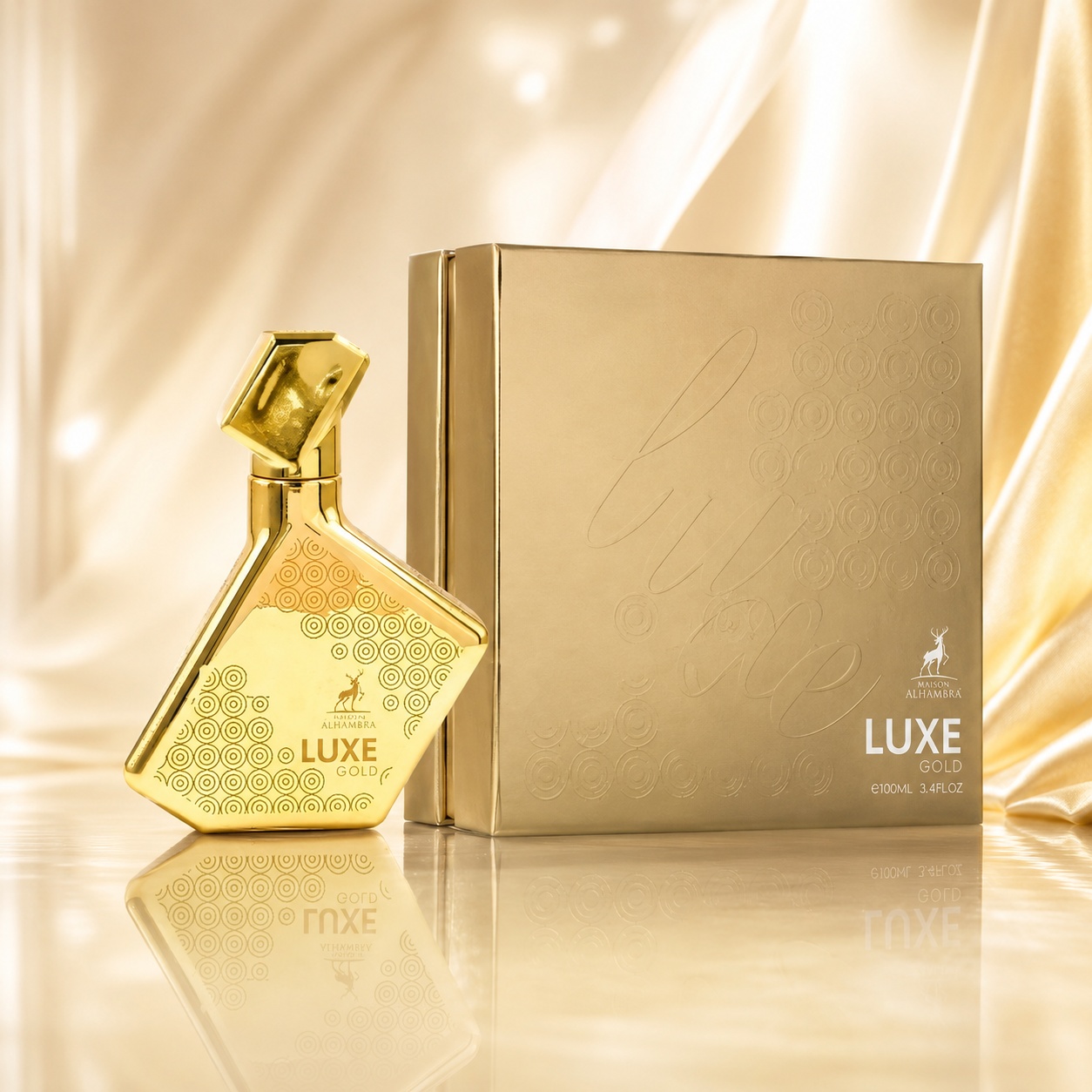 Parfum Arăbesc Alhambra Luxe Gold Maison Alhambra 100 ml cu sticlă aurie și cutie premium