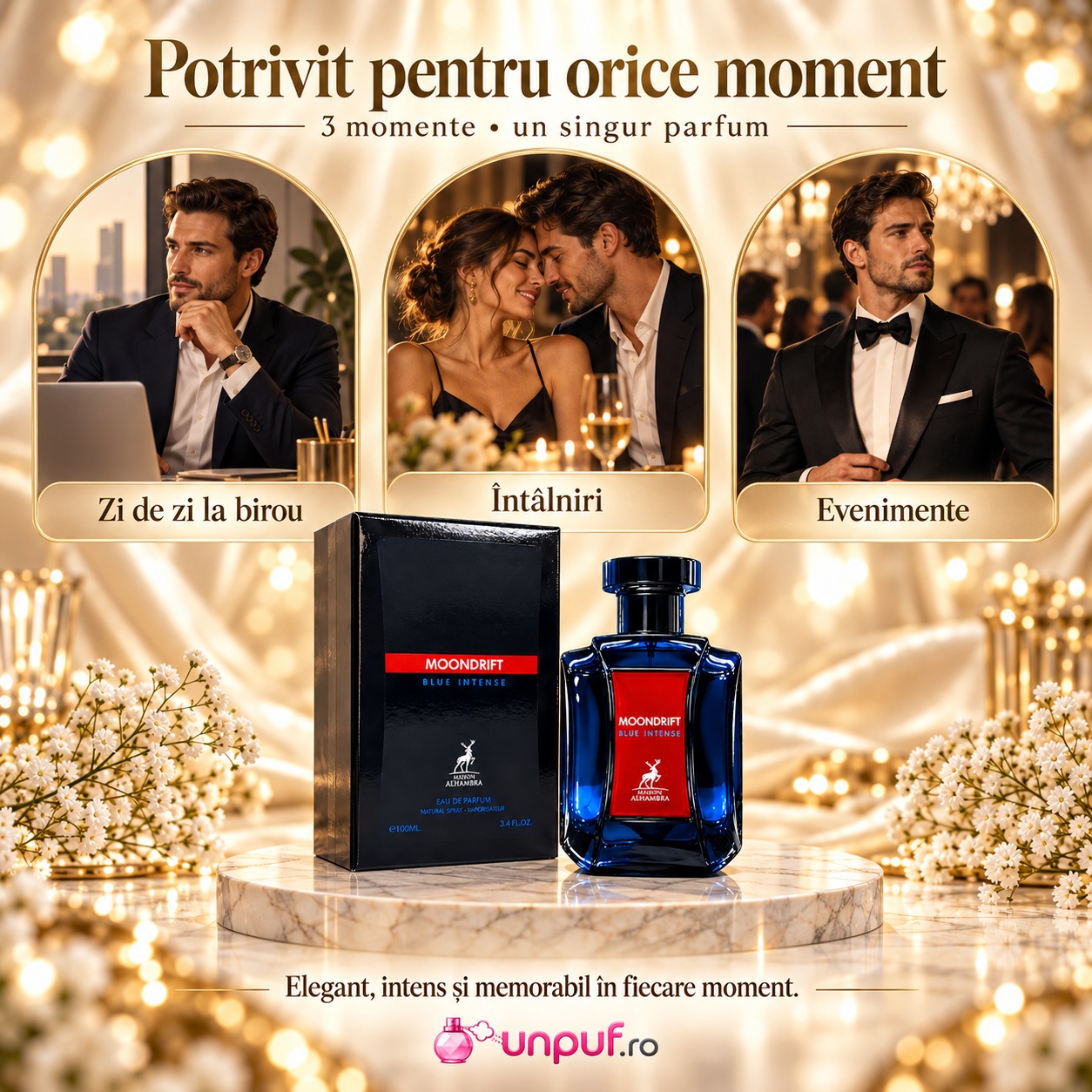 Parfum Alhambra Moondrift Blue Intense potrivit pentru birou, întâlniri și evenimente