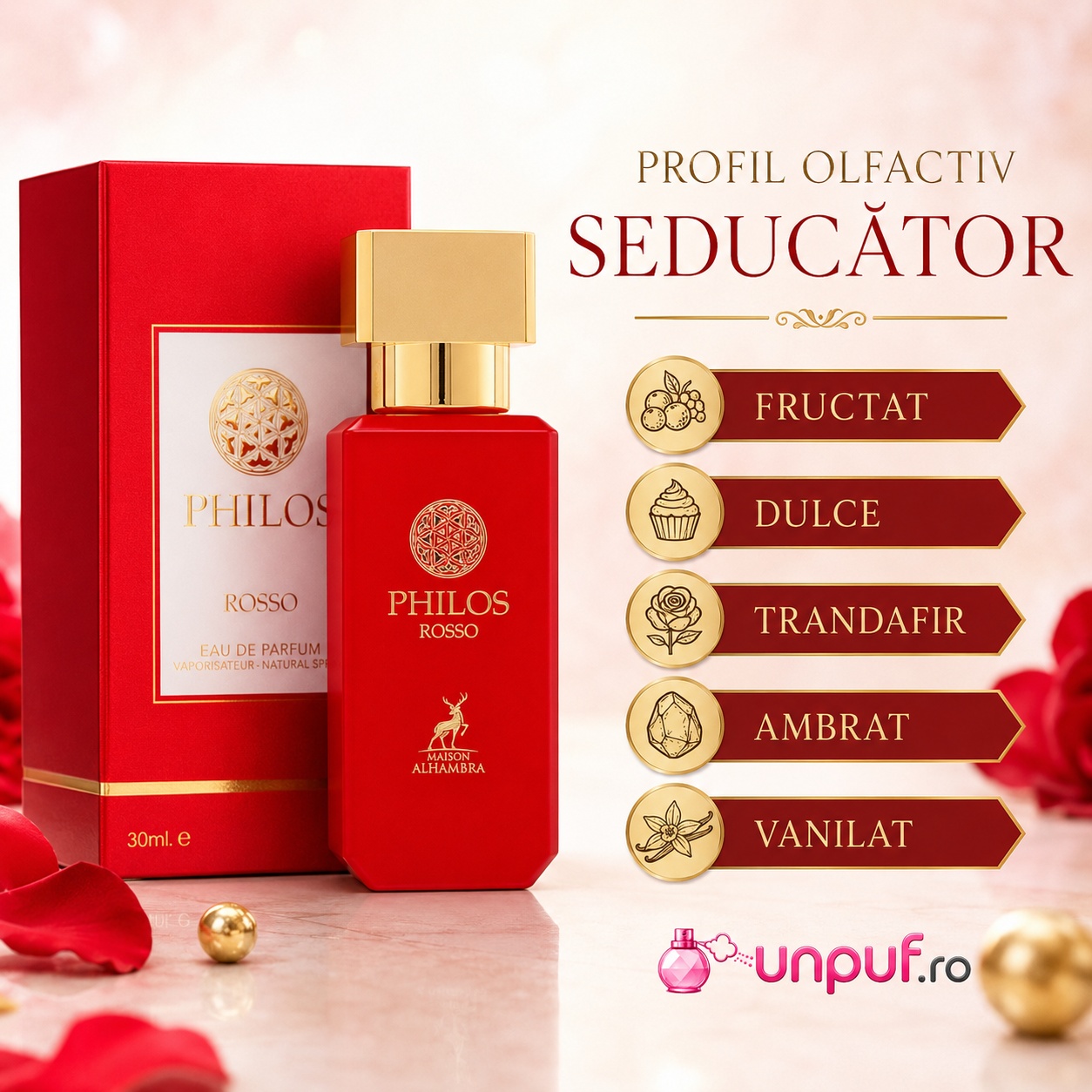 Profil olfactiv Alhambra Philos Rosso seducător, fructat, dulce, trandafir, ambrat și vanilat