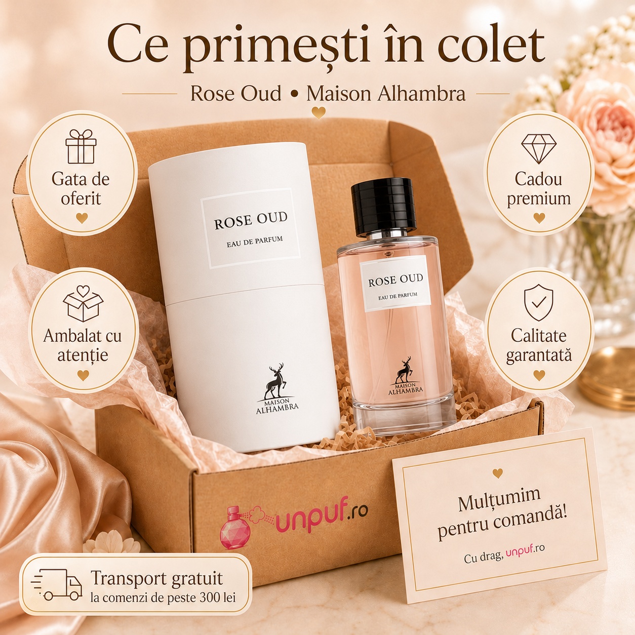 Ce primești în colet Alhambra Rose Oud 100 ml, parfum original și ambalaj premium