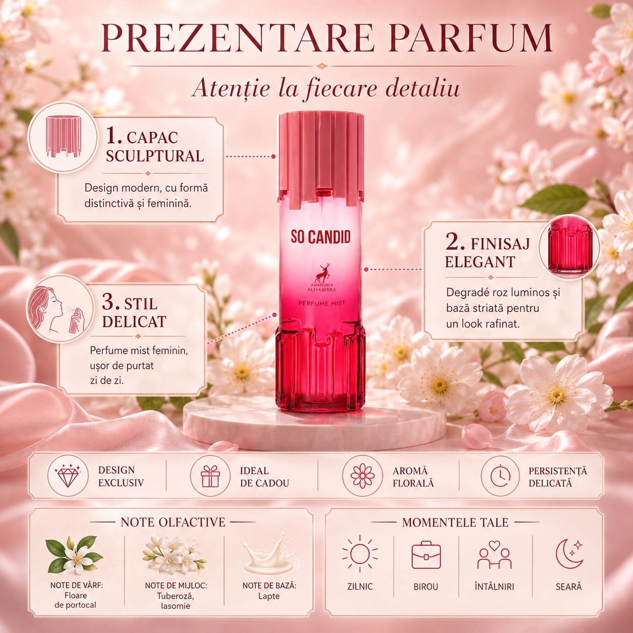 Prezentare Alhambra So Candid Body Mist cu detalii despre capac, design, note olfactive și momente recomandate