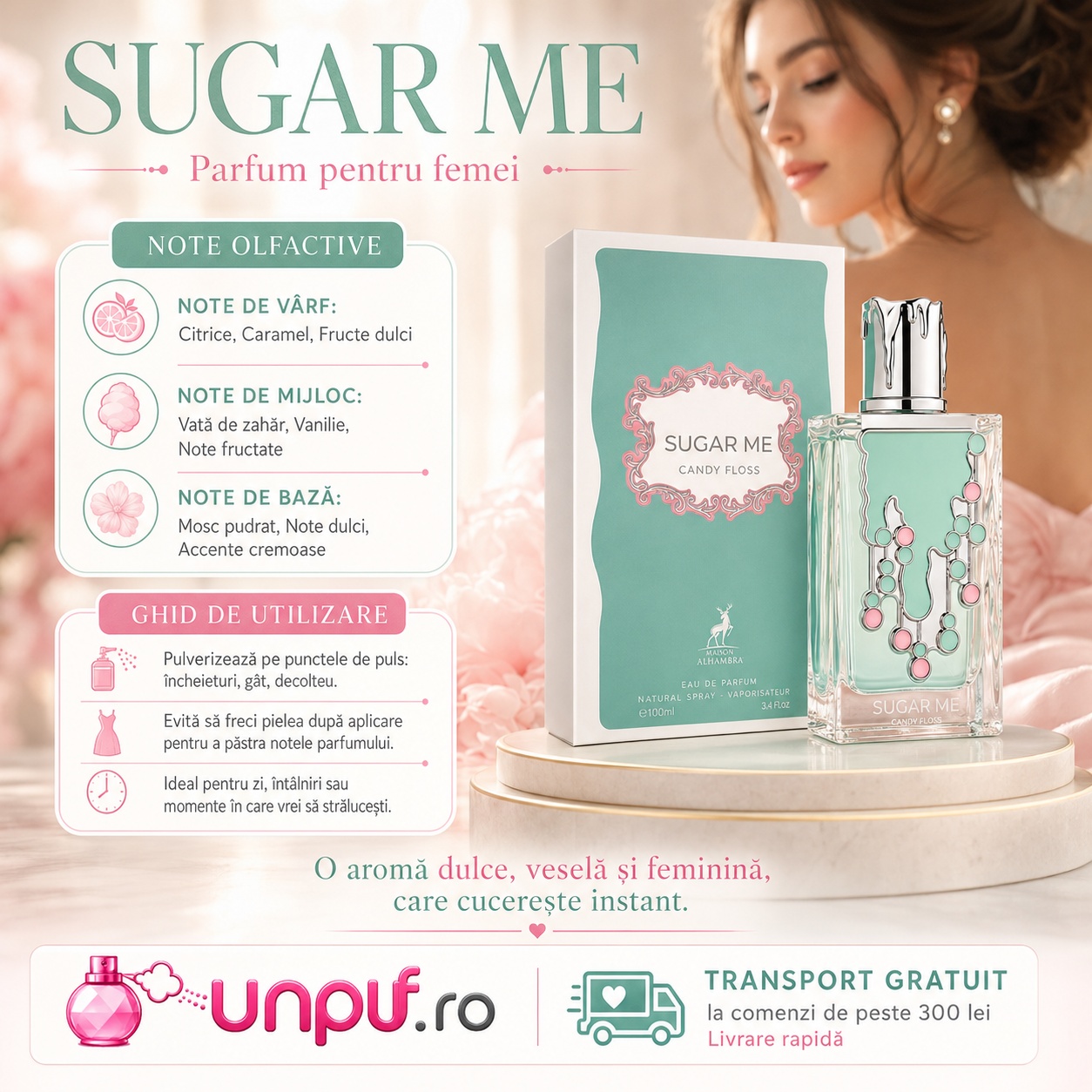 Prezentare parfum Alhambra Sugar Me Candy Floss Maison Alhambra 100 ml cu note olfactive și ghid de utilizare