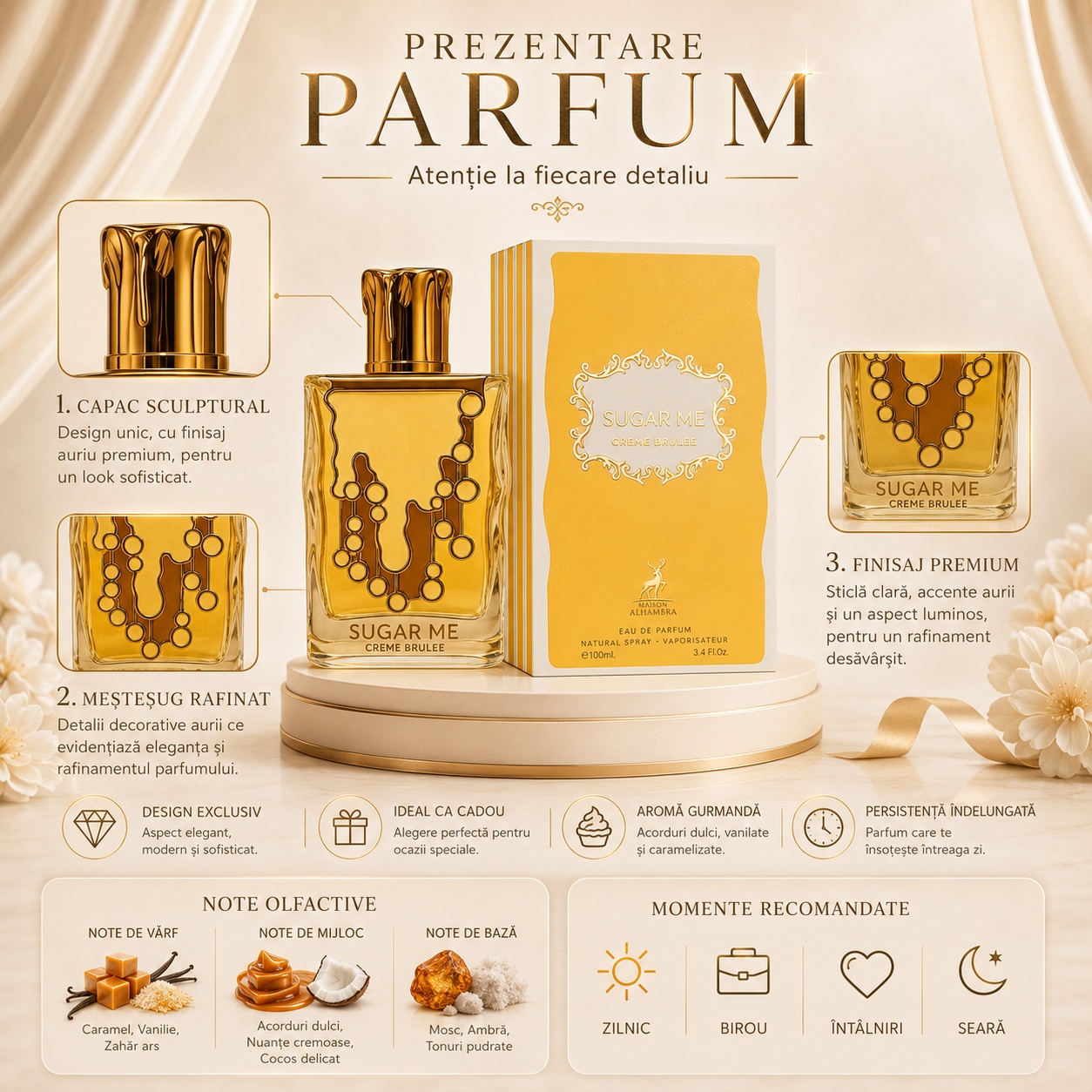 Alhambra Sugar Me Creme Brulee note olfactive caramel zahăr brun ciocolată frișcă praline tonka ambră mosc și vanilie