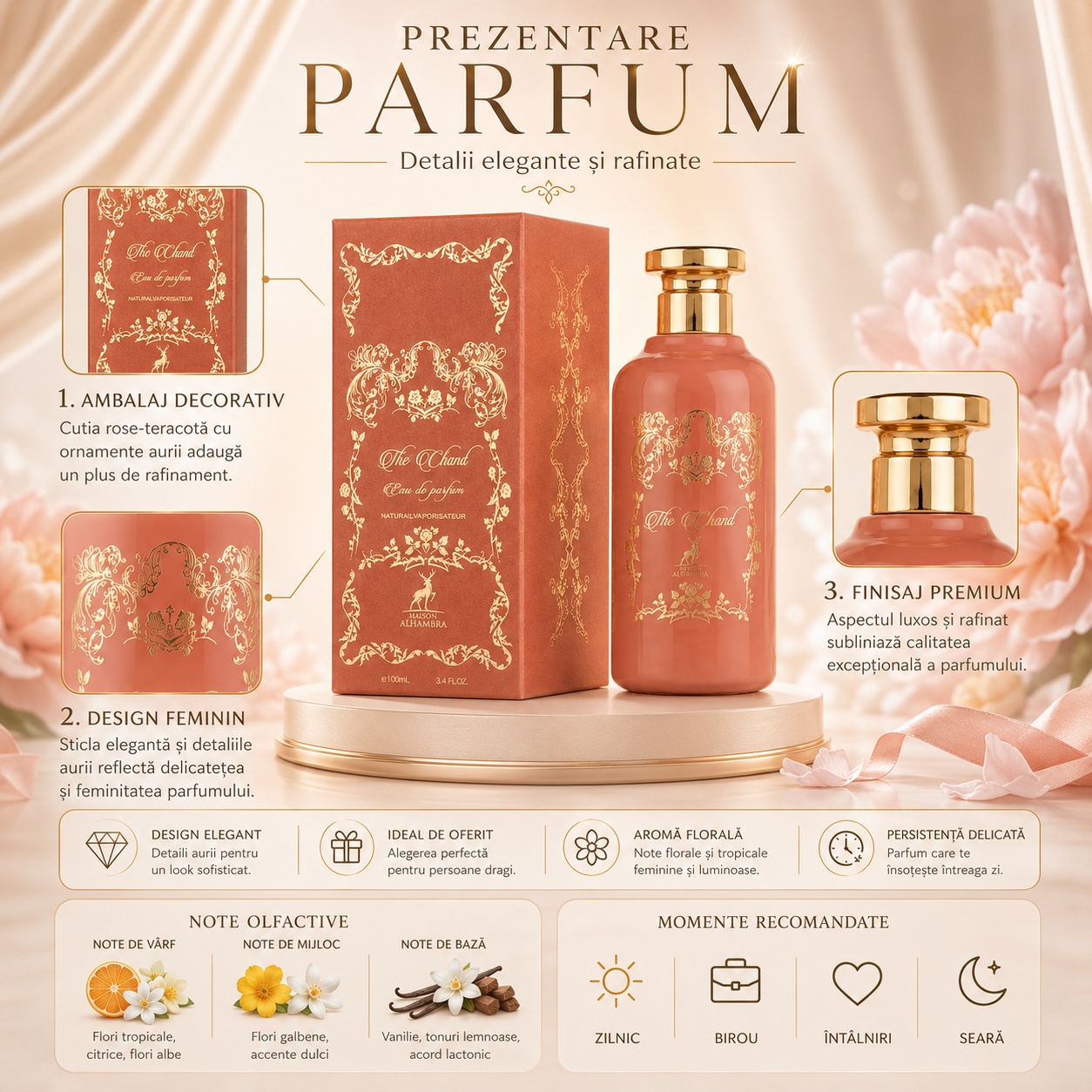 Alhambra The Chant note olfactive parfum de damă cu note fructate bergamotă condimente iasomie trandafir ambră mosc vanilie și cedru