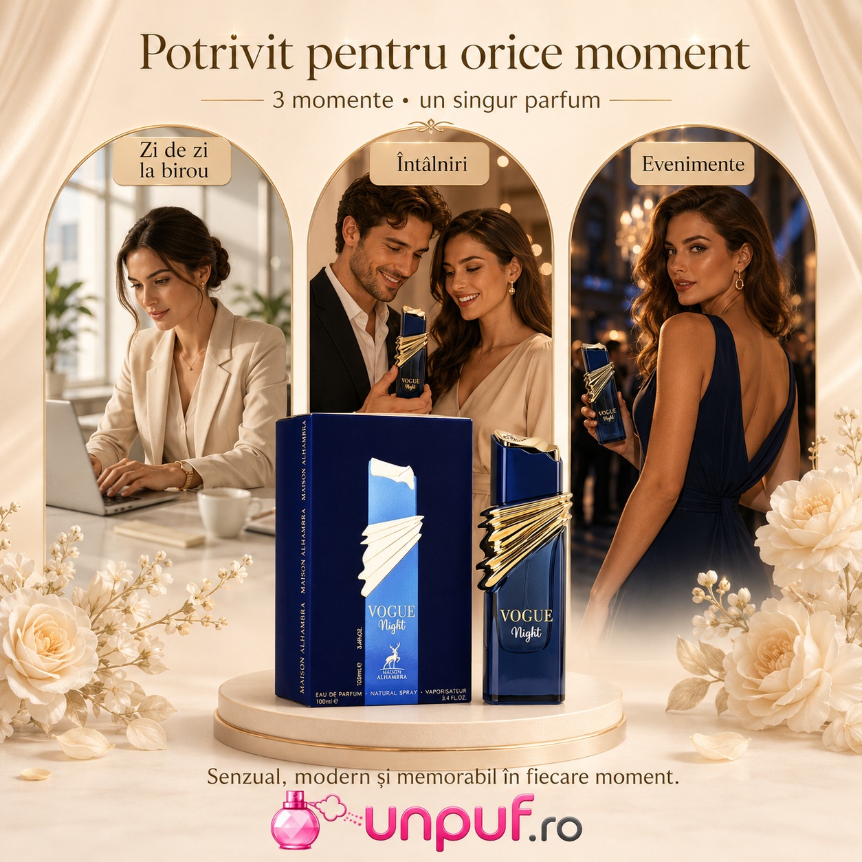 Parfum Alhambra Vogue Night potrivit pentru zi de zi la birou, &icirc;nt&acirc;lniri și evenimente de seară