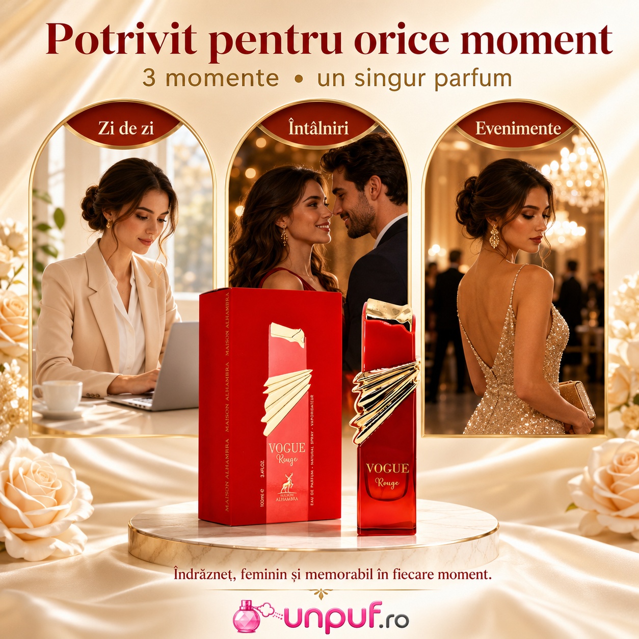 Parfum Alhambra Vogue Rouge potrivit pentru zi de zi, birou, &icirc;nt&acirc;lniri și evenimente