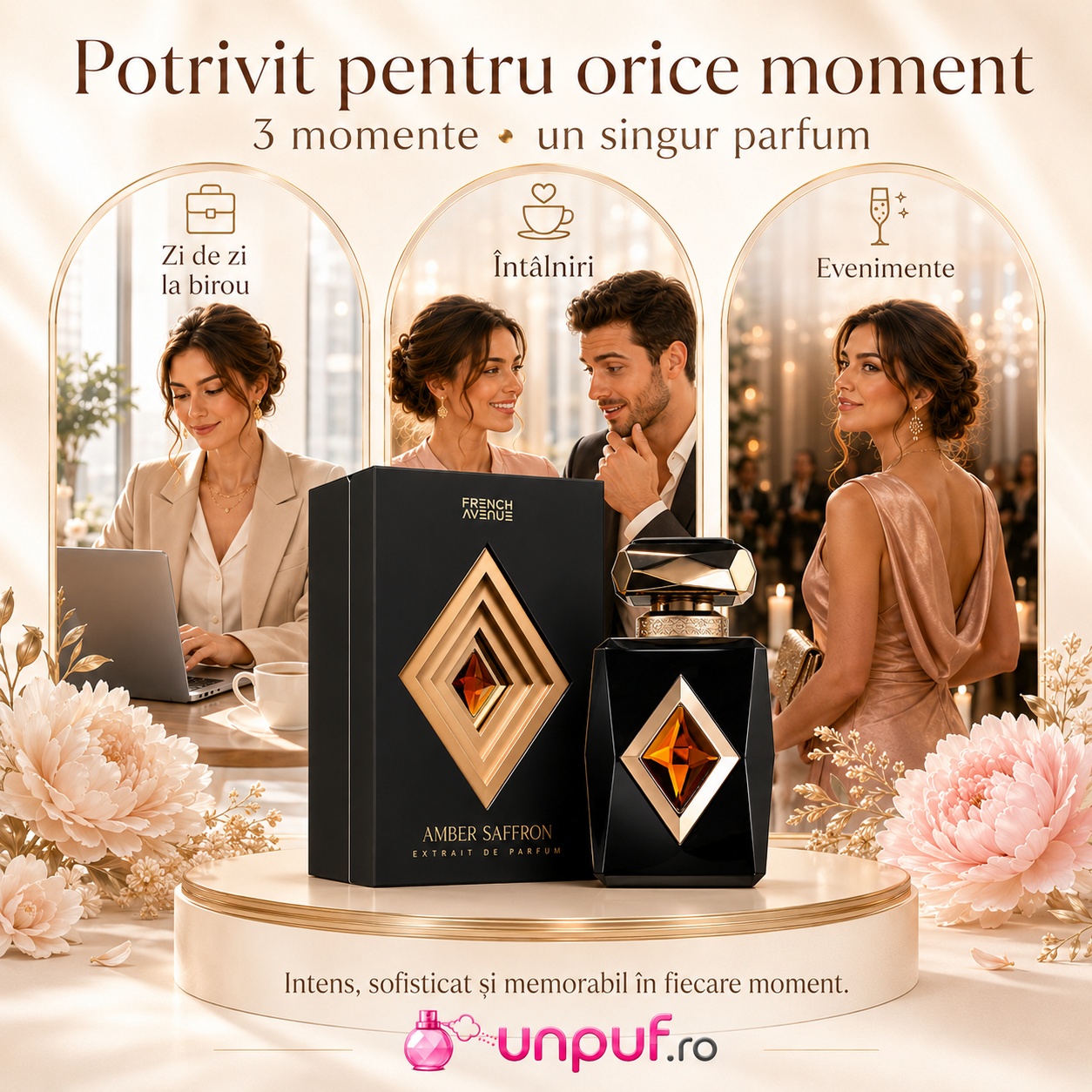 Parfum Amber Saffron French Avenue potrivit pentru zi de zi, birou, &icirc;nt&acirc;lniri și evenimente