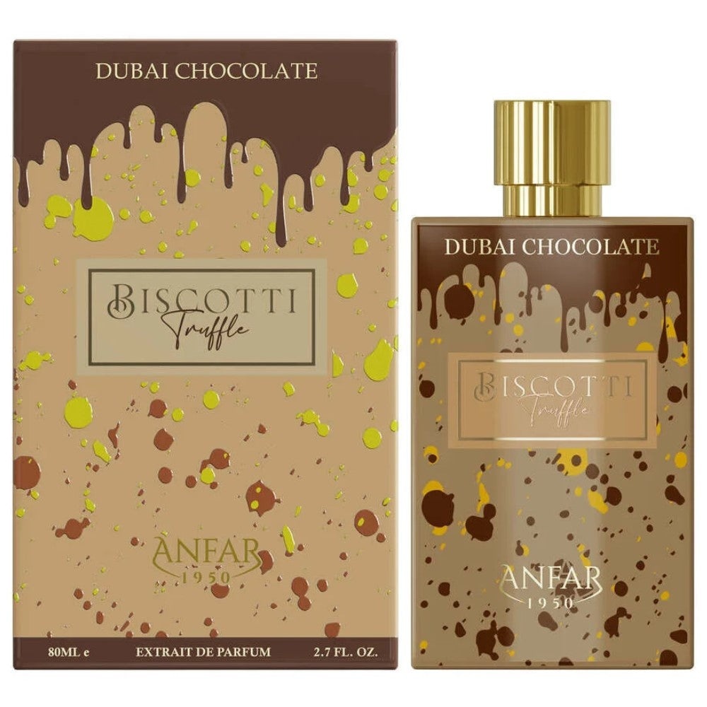 Sticlă parfum Anfar 1950 Dubai Chocolate Biscotti Truffle 80 ml pe fundal alb, extract de parfum unisex