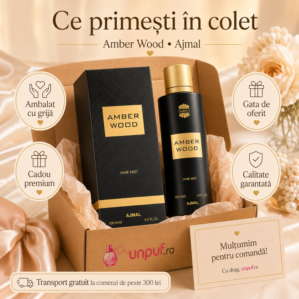 Ce primești în colet Ajmal Amber Wood Hair Mist 100 ml, produs sigilat, ambalare premium și transport gratuit peste 300 lei