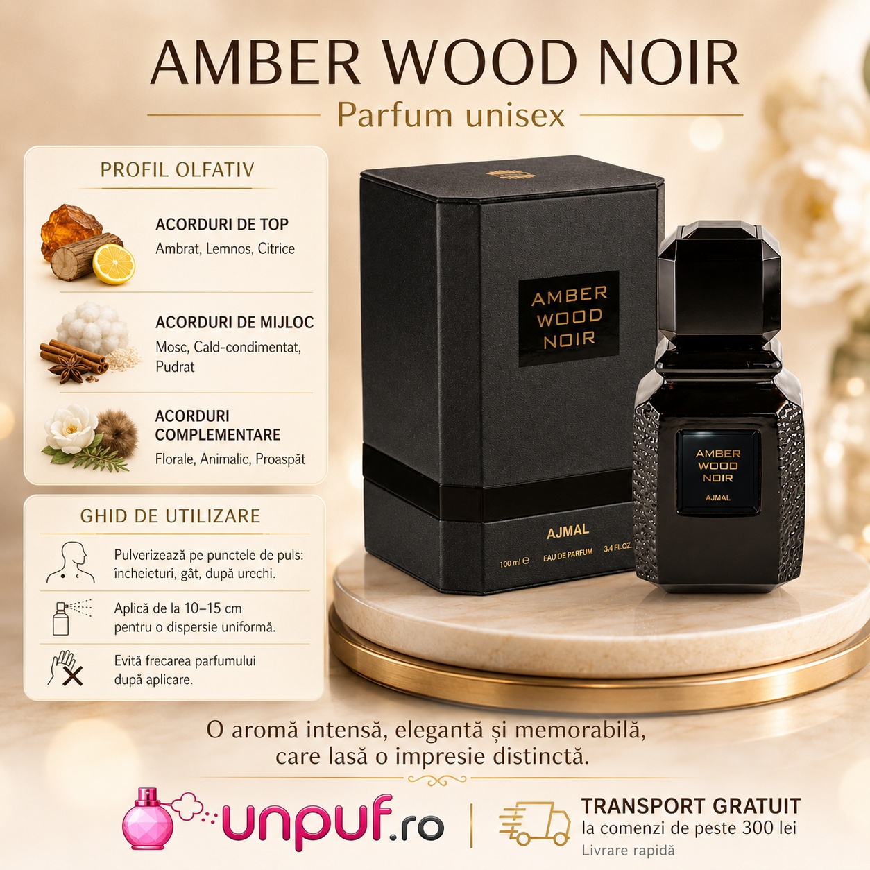 Ajmal Amber Wood Noir profil olfactiv cu acorduri ambrate, lemnoase, citrice, mosc, cald condimentat și pudrat
