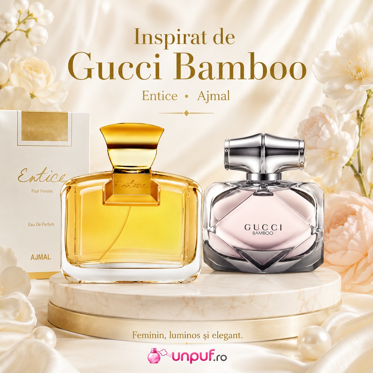 Ajmal Entice cu direcție vizuală Gucci Bamboo, parfum feminin, luminos și elegant