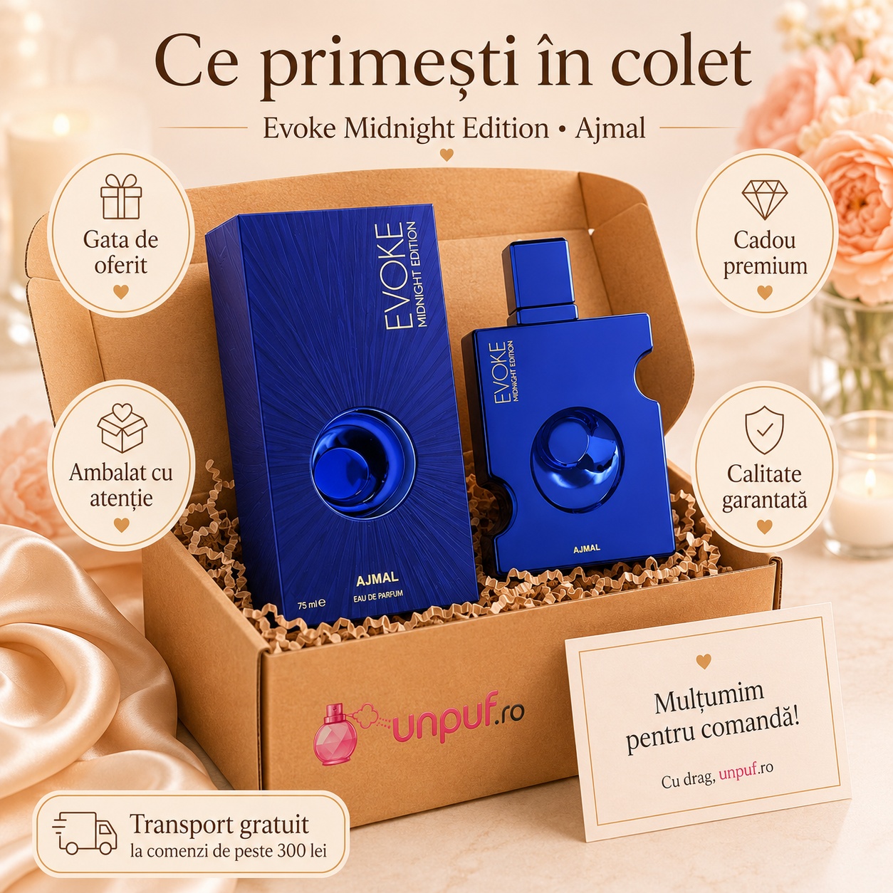Ce primești în colet Ajmal Evoke Midnight Edition Her 75 ml, produs sigilat, ambalare premium și transport gratuit peste 300 lei