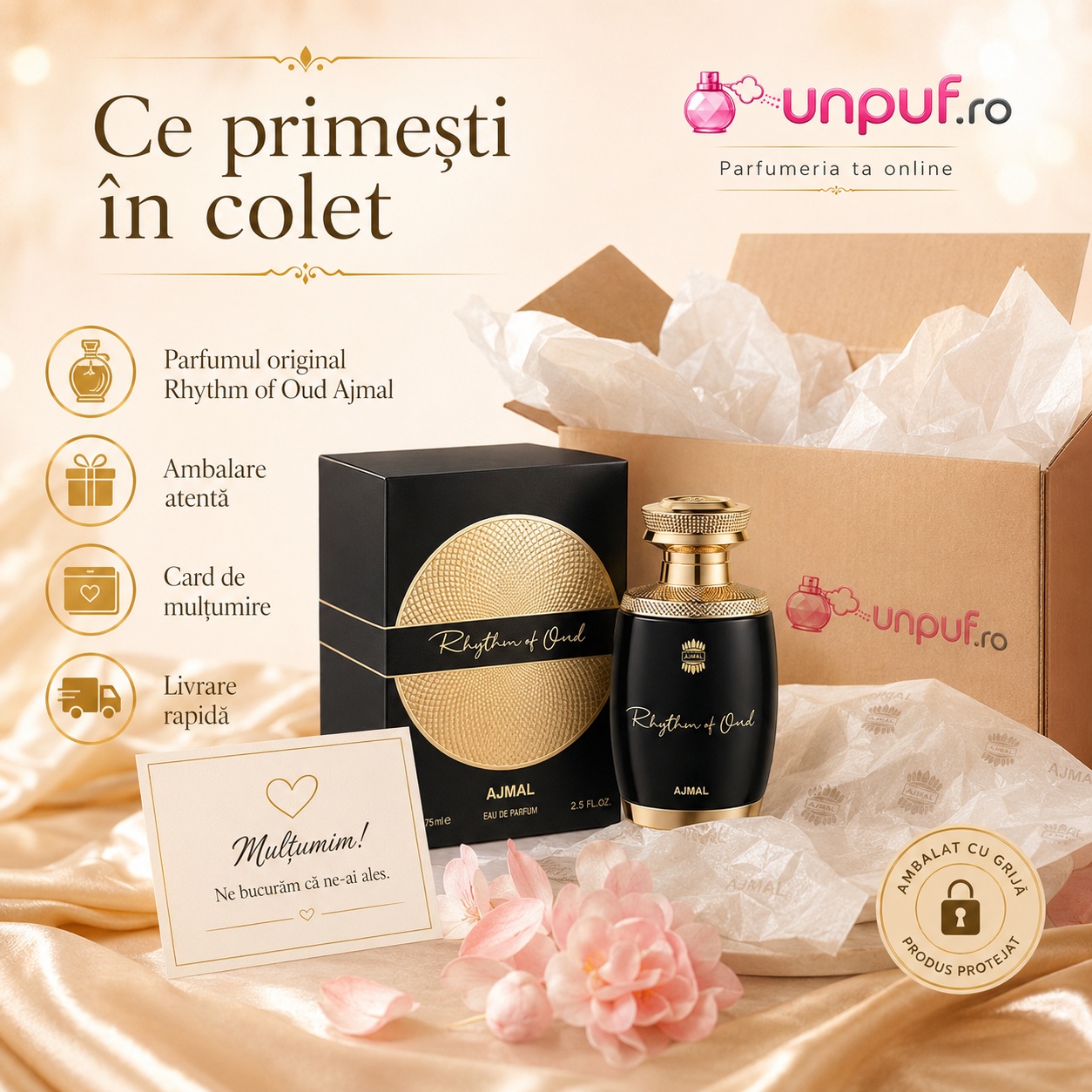 Ce primești în colet Ajmal Rhythm Of Oud 75 ml, produs original, ambalare premium și transport gratuit peste 300 lei