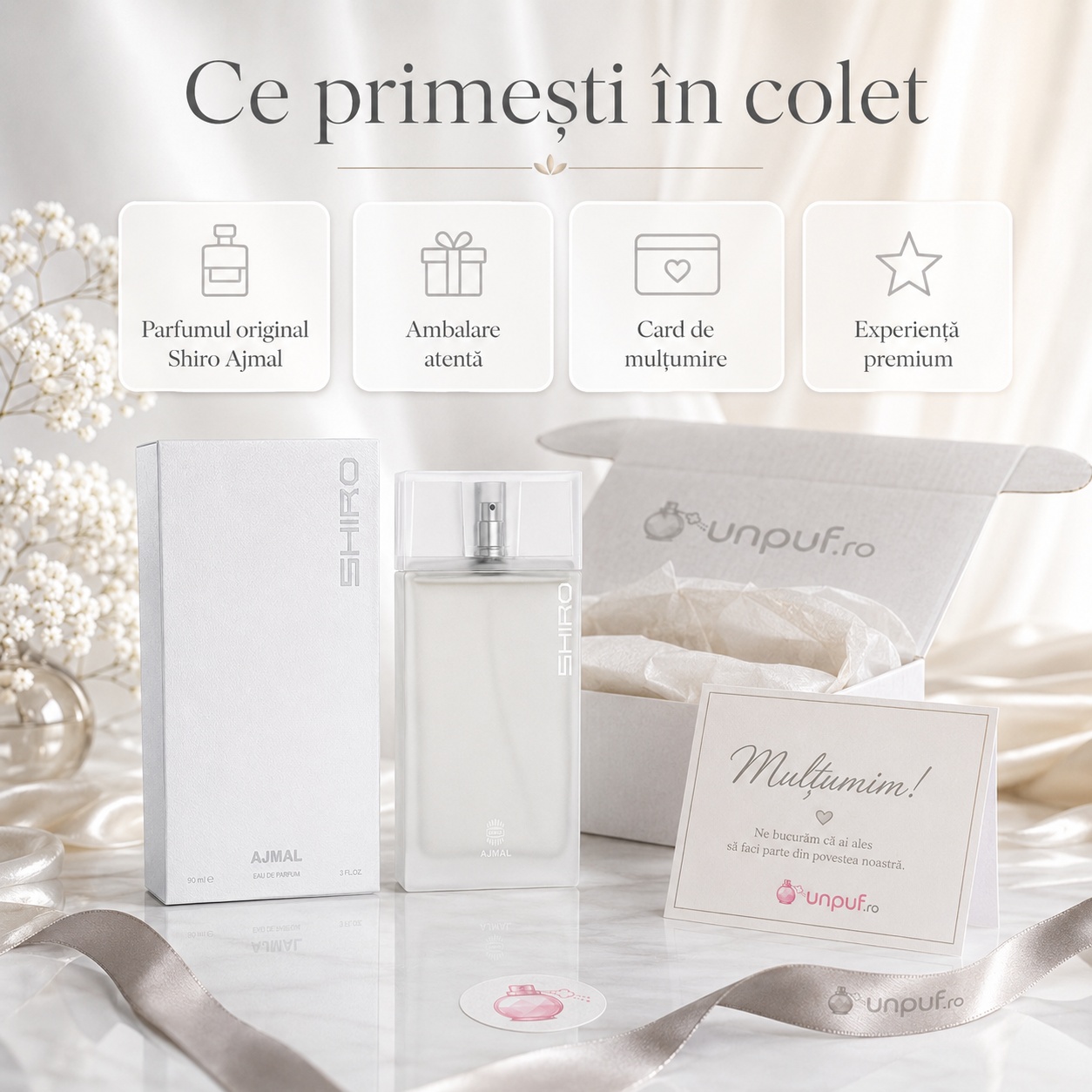 Ce primești în colet Ajmal Shiro 90 ml, parfum original, ambalare atentă, card de mulțumire și experiență premium
