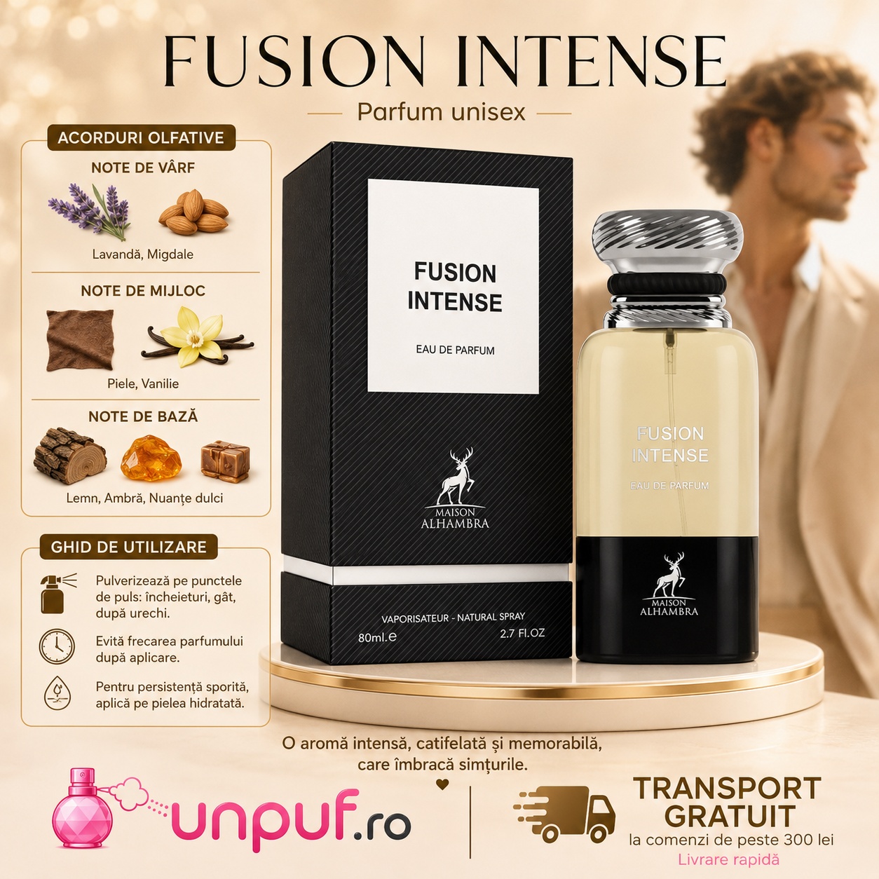 Prezentare parfum Alhambra Fusion Intense Maison Alhambra 80 ml cu note olfactive și beneficii