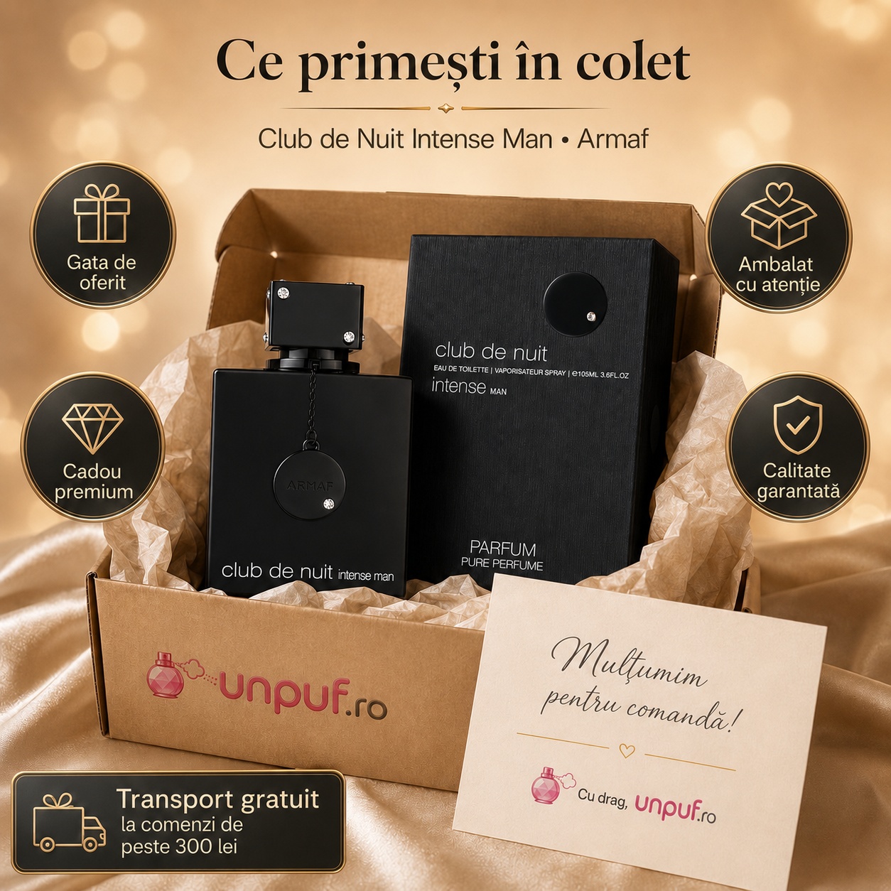 Ce primești în colet la Armaf Club De Nuit Intense Man, parfum original și ambalaj premium
