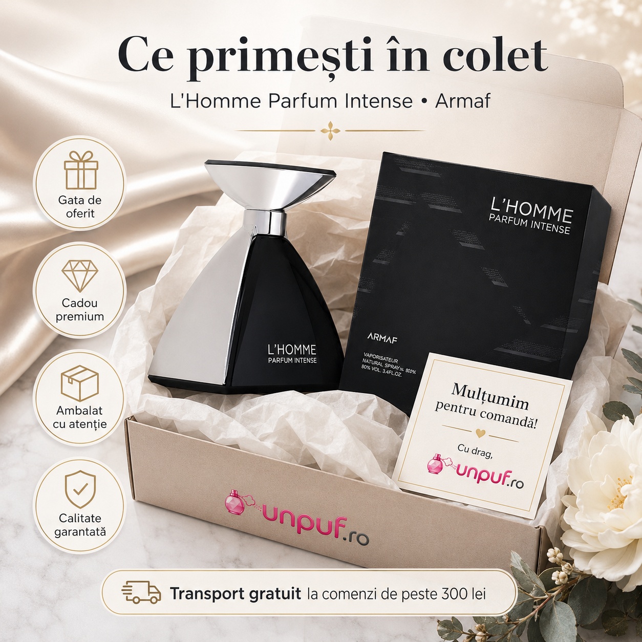 Ce primești &icirc;n colet Armaf L Homme Parfum Intense 100 ml parfum original și cutie premium neagră