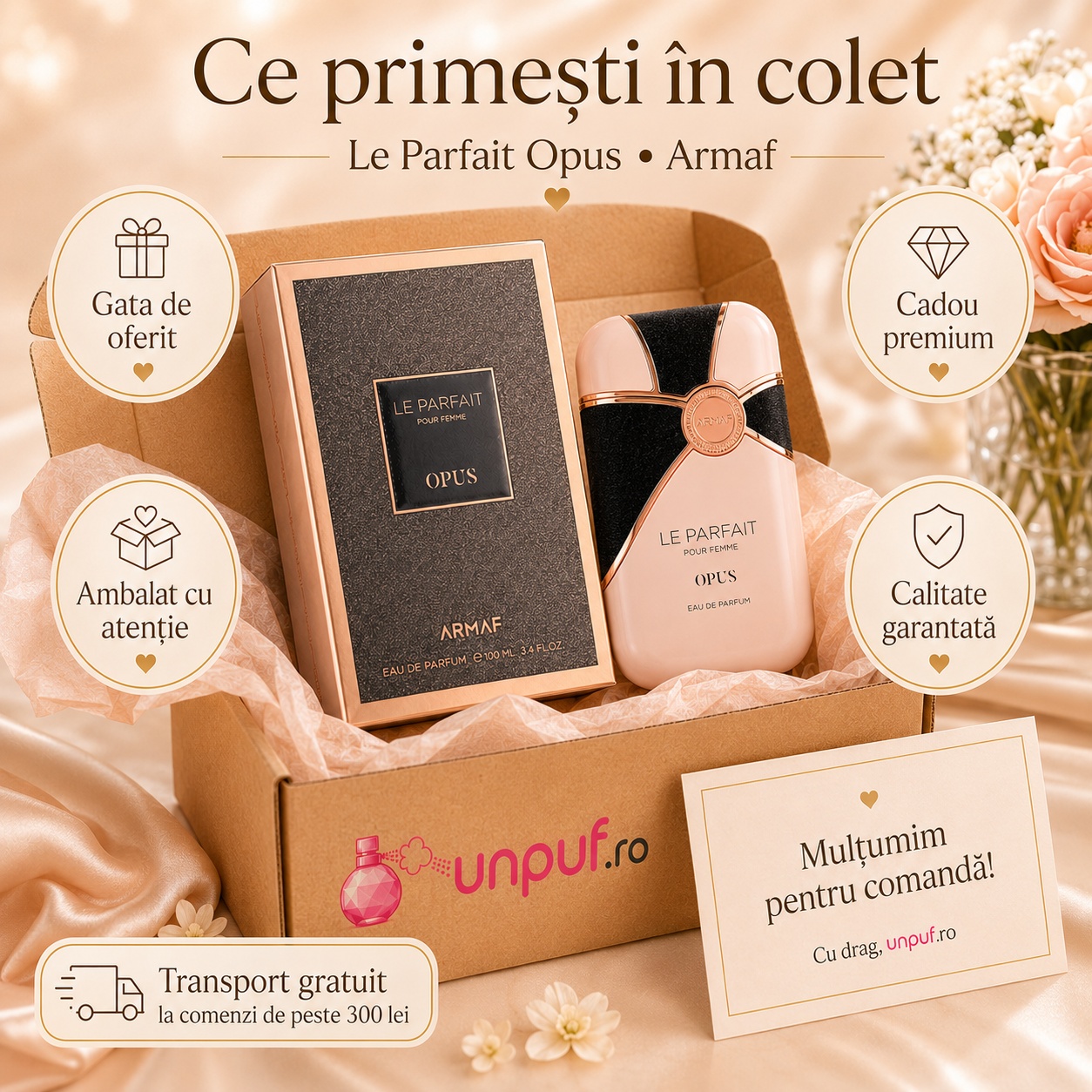 Ce primești &icirc;n colet Armaf Le Parfait Pour Femme Opus 100 ml parfum original, cutie premium și ambalare atentă