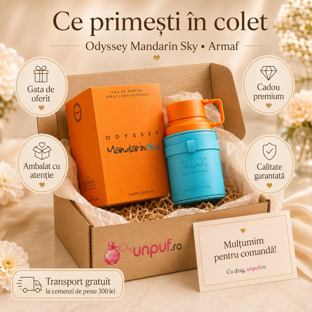 Ce primești în colet la parfumul Armaf Odyssey Mandarin Sky, ambalaj premium UnPuf.ro