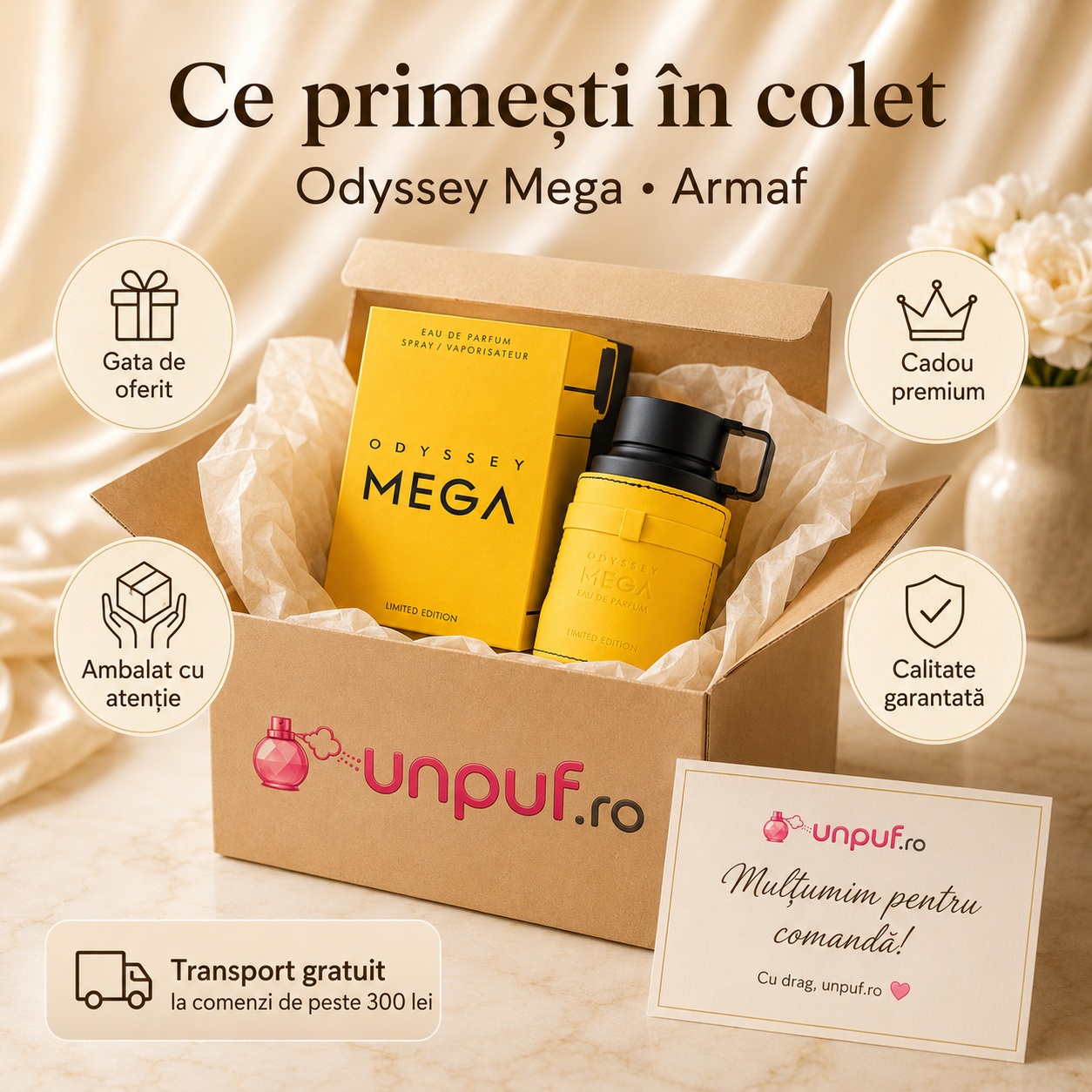 Ce primești în colet la Armaf Odyssey Mega Eau de Parfum 60ml, ambalaj premium UnPuf.ro
