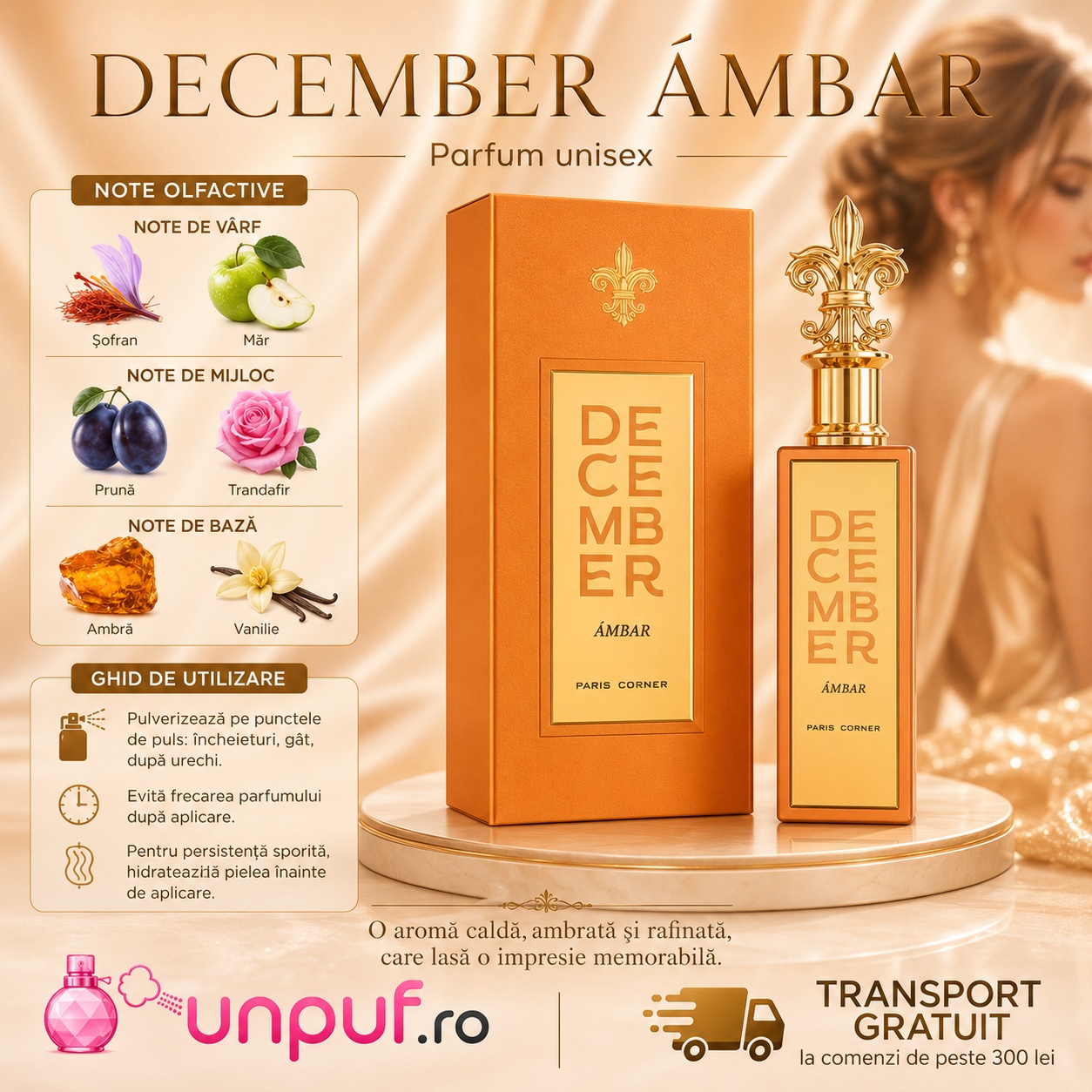 December Ambar Paris Corner parfum unisex cu șofran, măr, prună, trandafir, ambră și vanilie